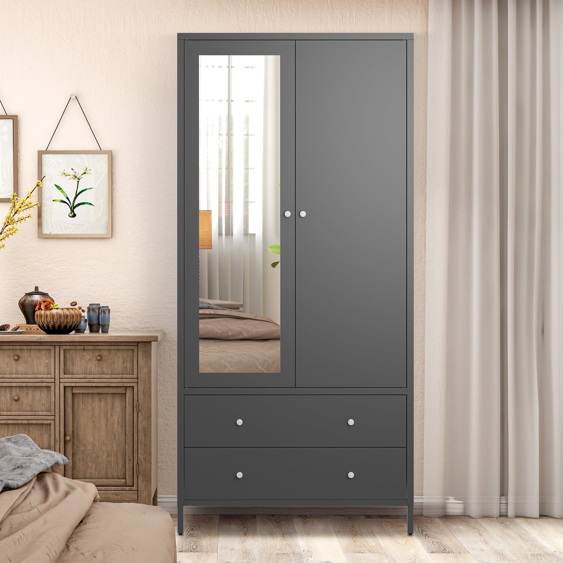 Metal Armoire Wardrobe Closet With 2 Drawers, Mirror Door And Hanging Rod, Metal Clothing Storage Cabinet, Garment Organizer With Magnetic Door Dark Grey Gray Bedroom Retro Steel