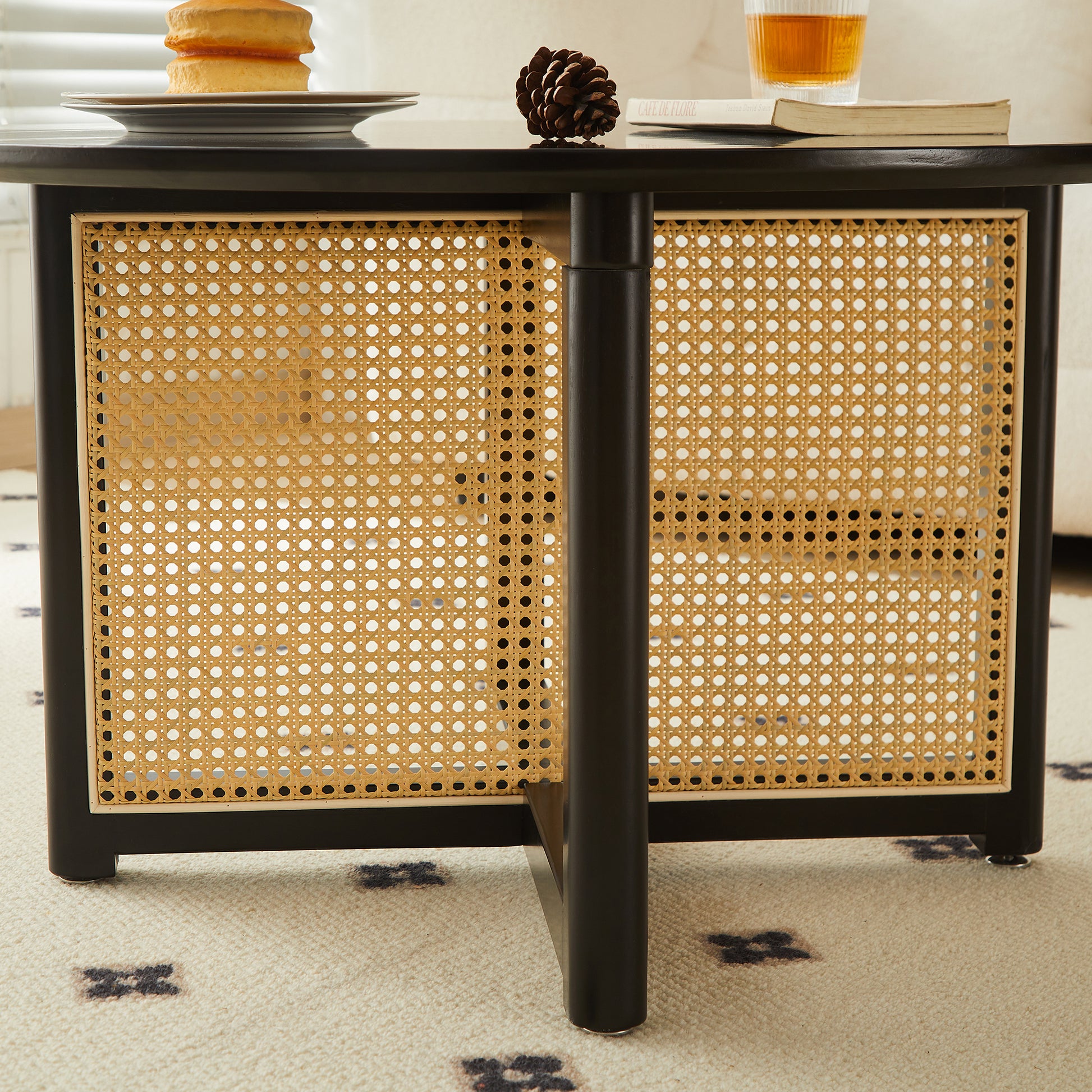 Mid Century Wooden Coffee Table With Pe Cane Stand, 31.5 Inch Round Solid Wood Bohemian Style Coffee Table, Unique Central Cocktail Table For Living Rooms, Apartments And Offices Black Rubber Wood