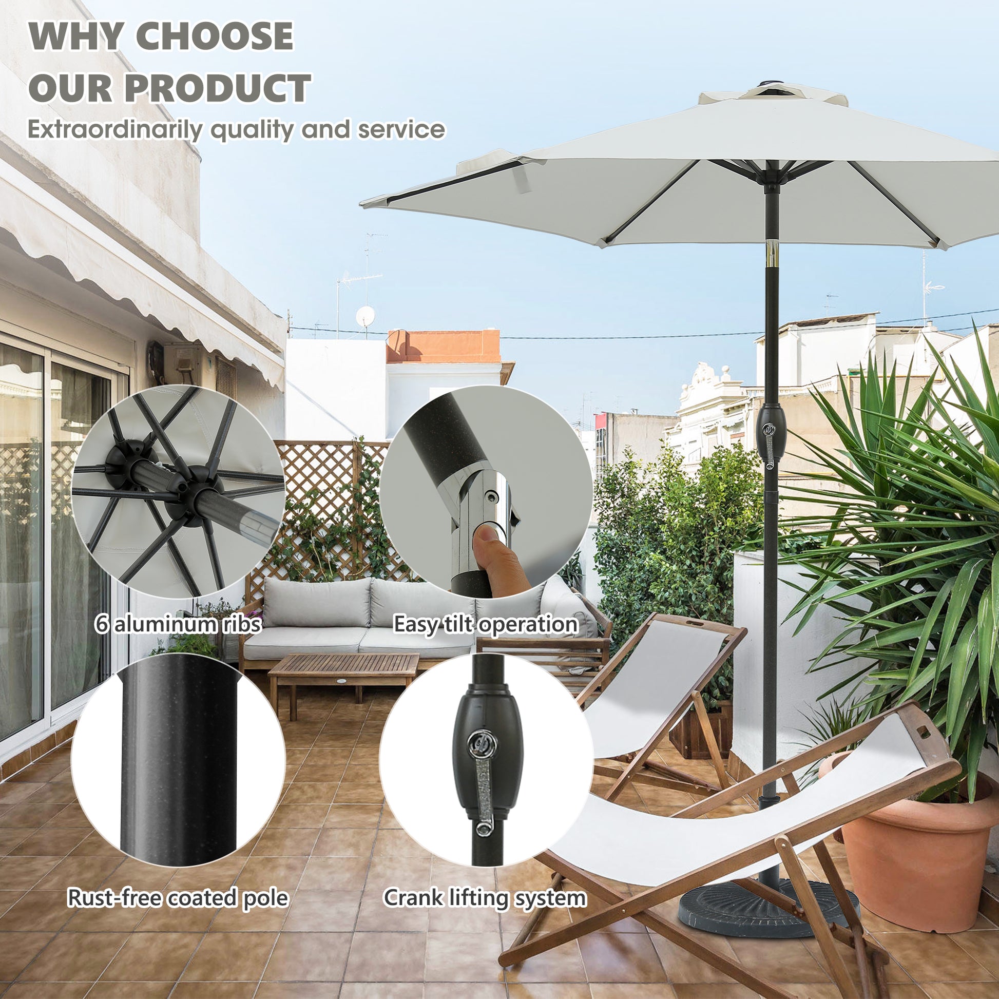 7.5Ft * 7.5Ft Patio Umbrella With Crank And Push Button Tilt, Outdoor Table Market Umbrella With Aluminum Pole Grey Grey Polyester