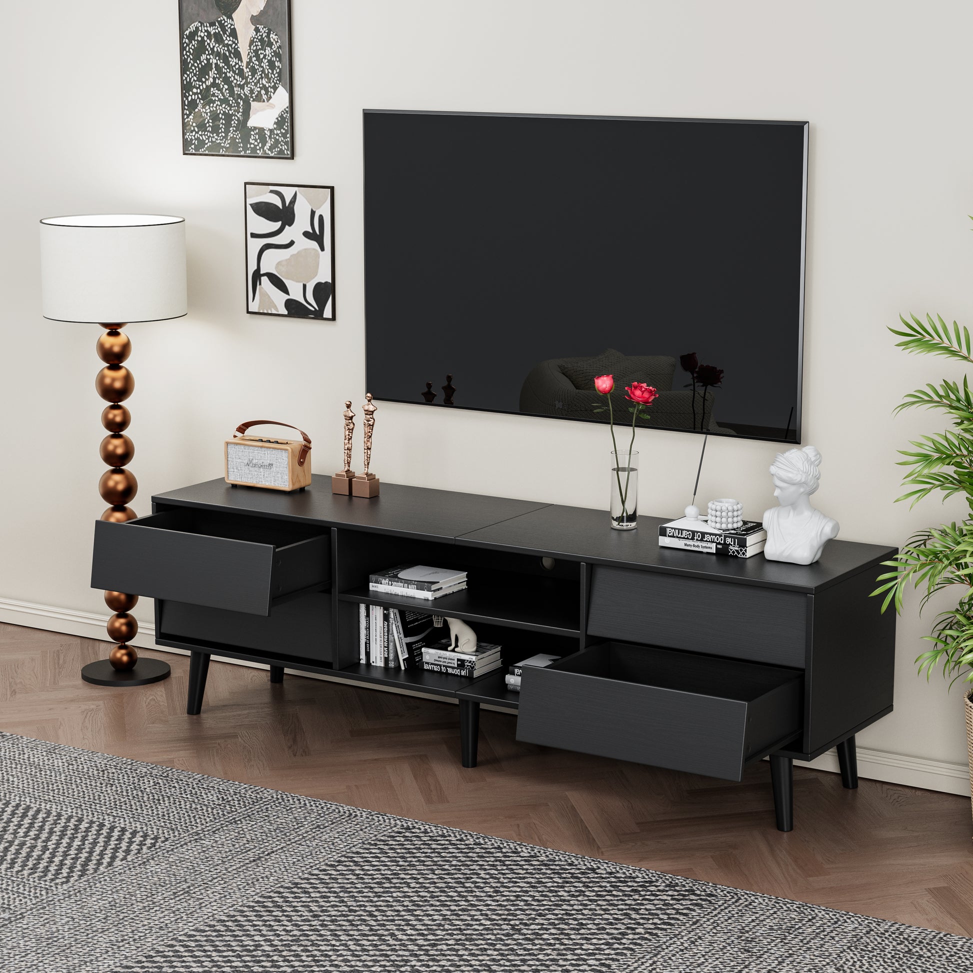 63 Inch Tv Stand Features Vintage Style And Bevel Design, Tv Stand With Drawers, Entertainment Center For Living Room Bedroom, Tv Media Console Black 60 69 Inches Mdf