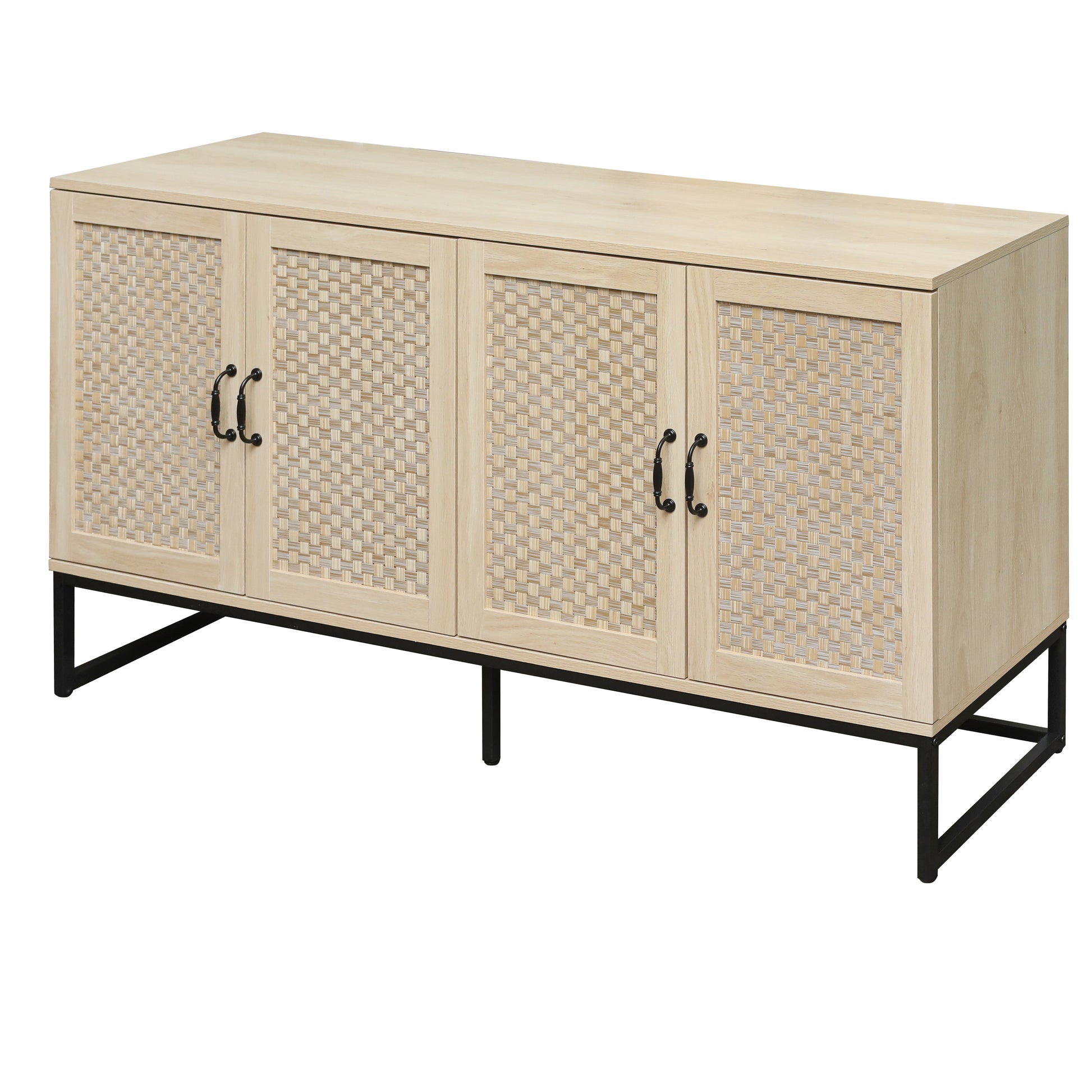 Rattan 4 Door Sideboardsideboard Buffet Storage Cabinet,Accent Storage Cabinetlarge Cabinet With 4 Rattan Decorated Doors For Living Room Dining Room Natural Particle Board Mdf