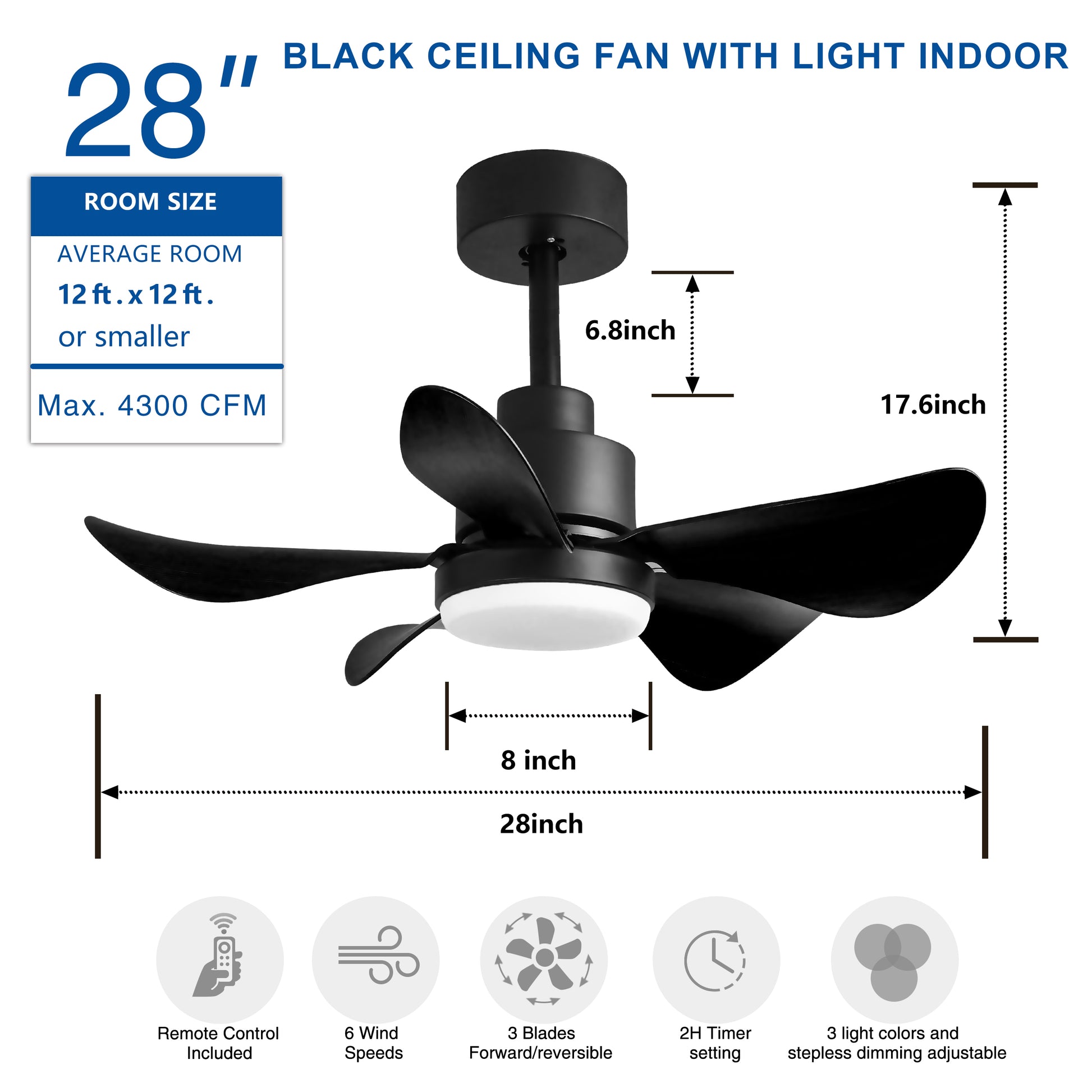 28' Ceiling Fans With Lights And Remote App Control, Low Profile Ceiling Fans With 5 Reversible Blades 3 Colors Dimmable 6 Speeds Ceiling Fan For Bedroom Kitchen Black Casual,Classic Abs Steel Q235