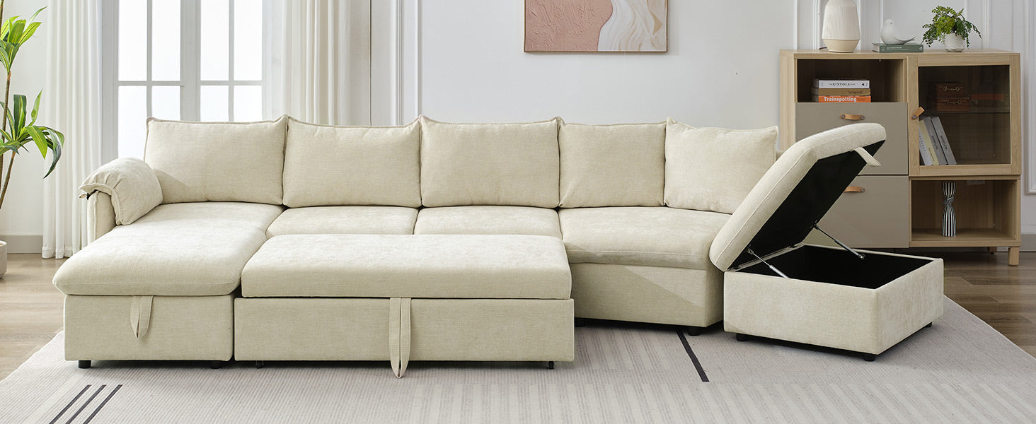 146.9" L Shaped Sofa Sectional Sofa Couch Pull Out Sofa Bed With A Movable Storage Ottoman, A Storage Chaise Lounge And Two Usb Ports For Living Room, Beige Beige Foam Linen 5 Seat