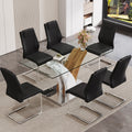 Table And Chair Set.Modern Dining Table, Tempered Glass Countertop With Artistic Mdf Legs.Paried With 6 Comfortable Chairs With Pu Seats And Metal Legs. Suitable For Various Decoration Styles. Black,Transparent Seats 6 Mdf Glass