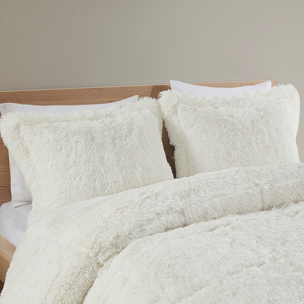 King Cal King Shaggy Long Fur Comforter Mini Set King Ivory Polyester