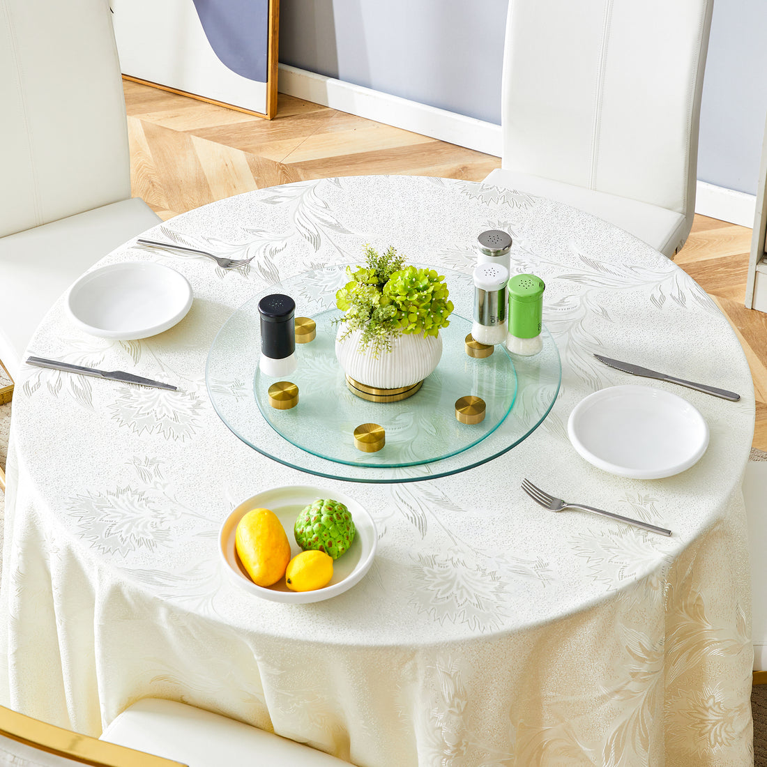 Double Layer Rotatable Round Glass.Golden Aluminum Plate,The Rotatable Design Makes It Convenient To Retrieve And Place Items.The Upper Glass Has A Diameter Of 20 Inches,The Lower Glass15 Inches.