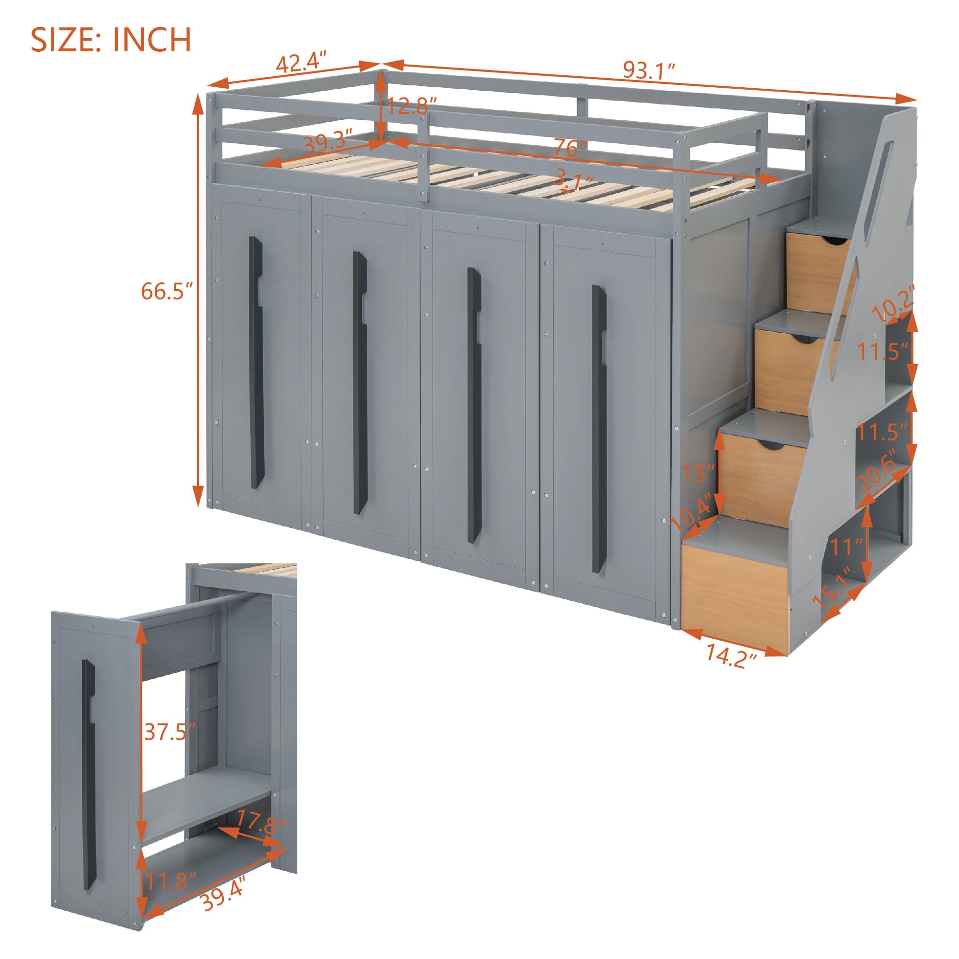 Modern Loft Bed With Two Tone Storage Stairs And Pull Out Wardrobes, Gray Twin Gray Solid Wood Mdf