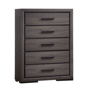 Wooden Chest With 5 Drawers And Finger Pull Handle, Gray And Black Black Gray Wood