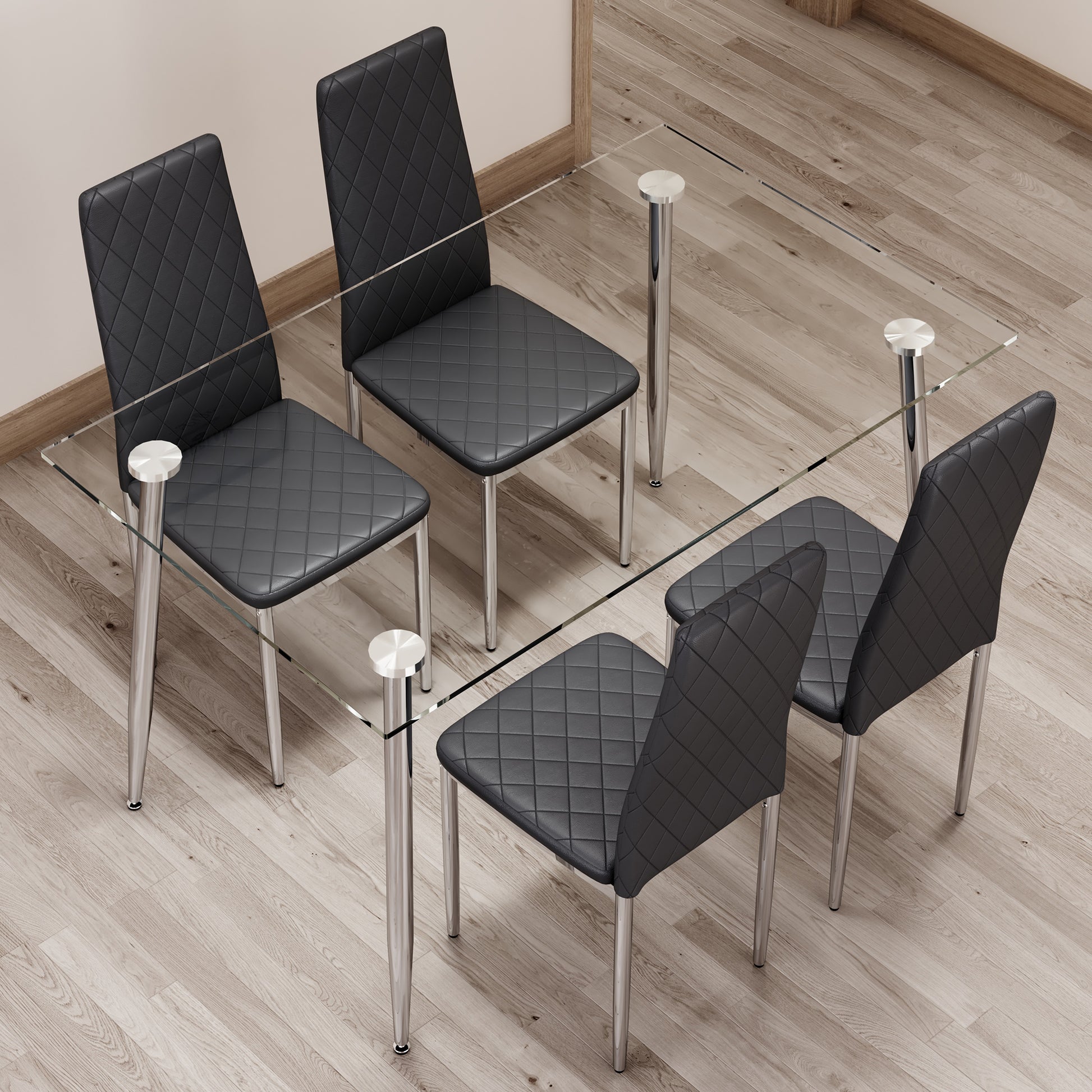 Table And Chair Set.Rectangular Dining Table With Tempered Glass Tabletop And Silver Plating Metal Legs.Paired With 4 Checkered Armless High Back Black Chairs With Electroplated Metal Legs. Black Seats 4 Glass Metal