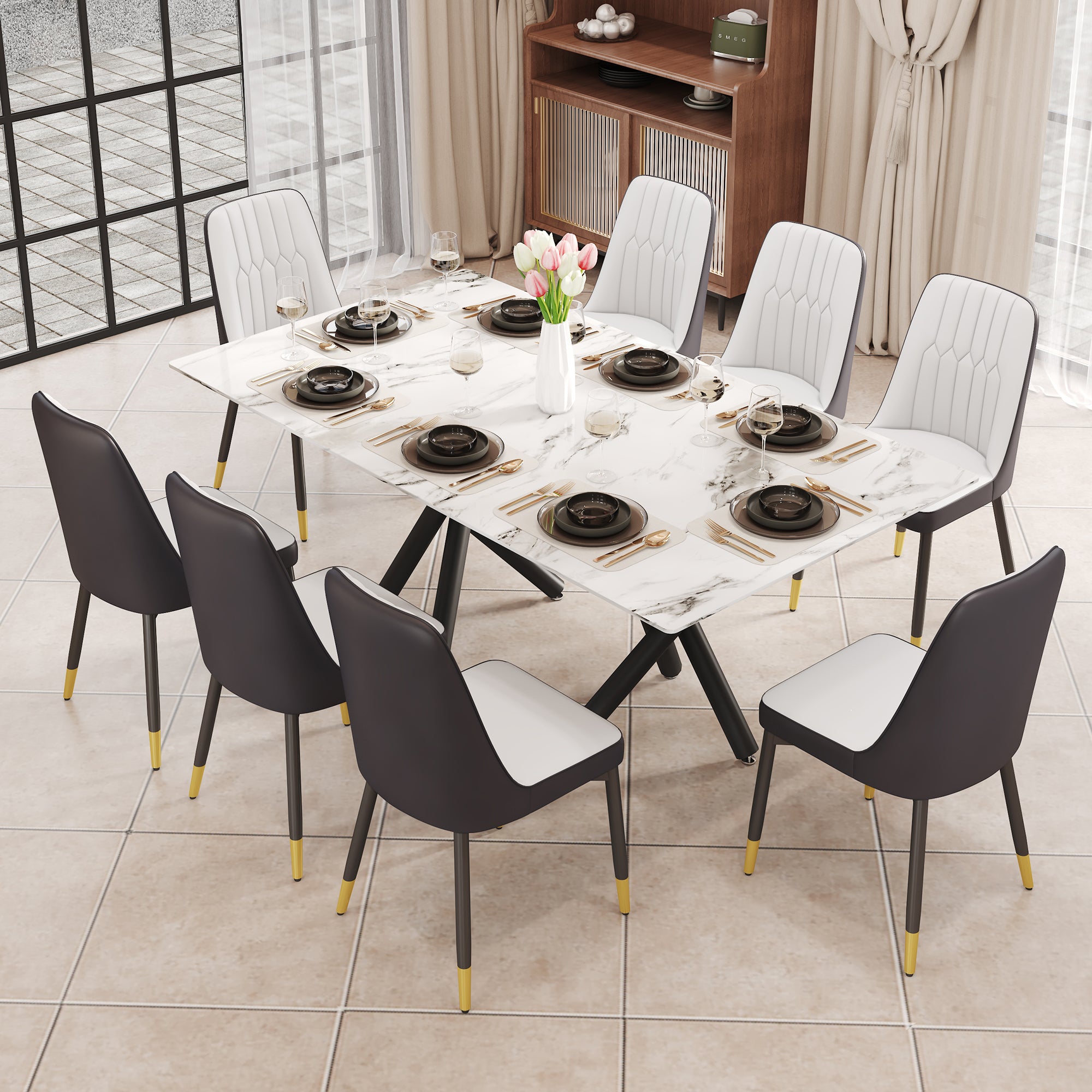 1 Table And 8 Chairs. A Rectangular Dining Table With A White Imitation Marble Tabletop And Black Metal Legs. Paired With 8 Chairs, Equipped With Pu Leather Seat Cushions And Black Metal Legs. F 1538 Black Glass Metal