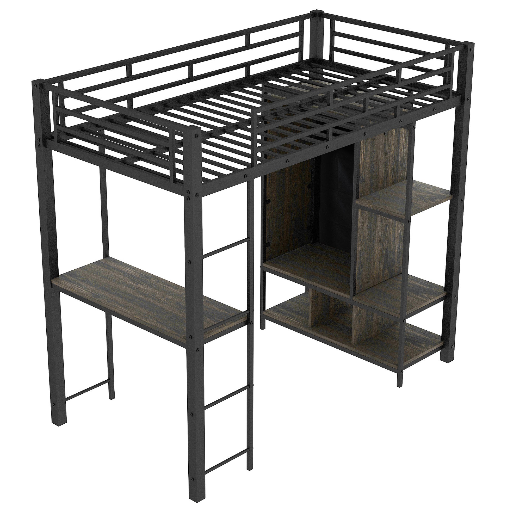 Twin Size Metal Loft Bed With Built In Wardrobe, Desk And Shelves, Black Expected Arrival Time: 9.3 Box Spring Not Required Twin Black Mdf Metal