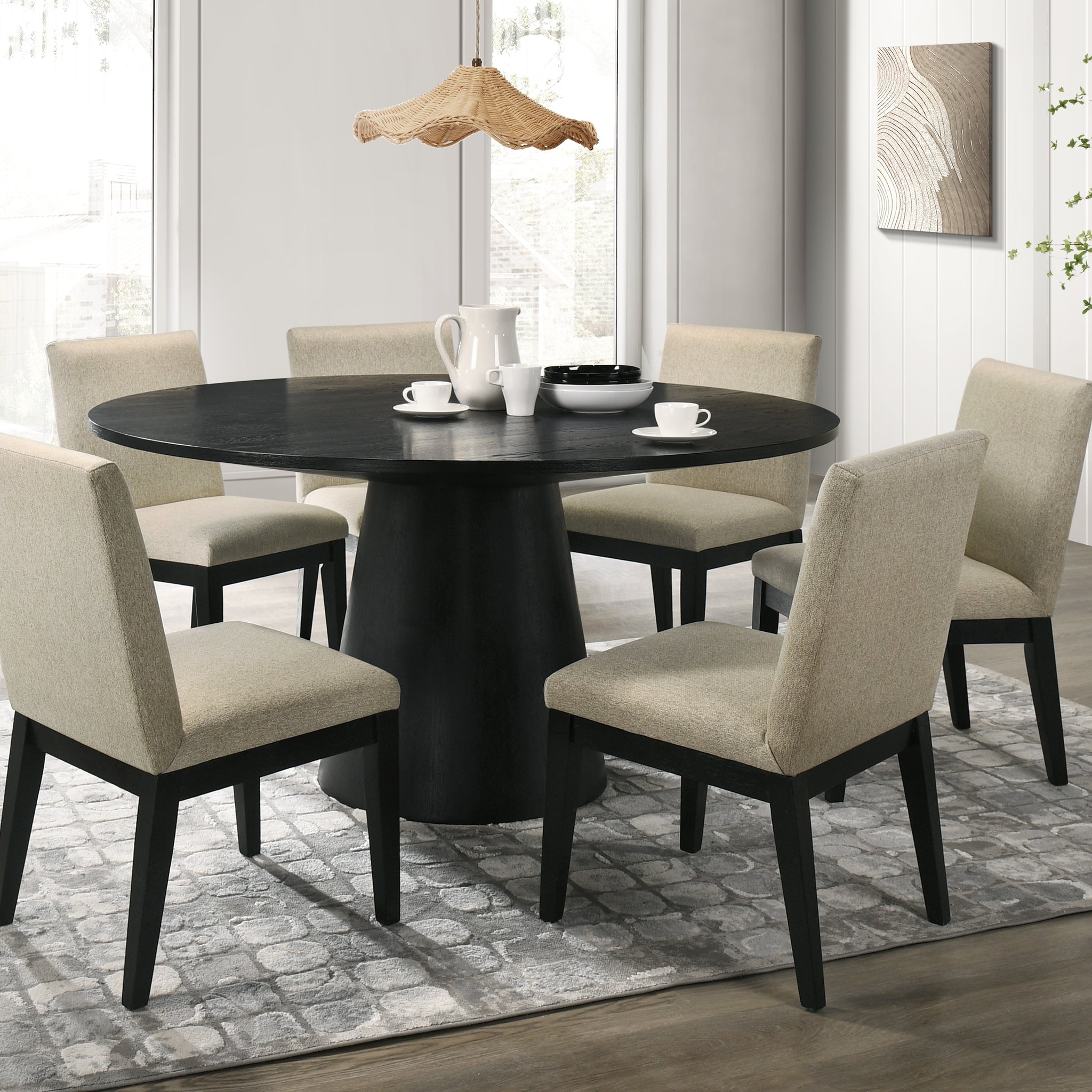 Jasper Ebony Black 7 Piece 59"W Round Dining Table Set With Beige Fabric Chairs Black Wood