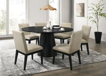 Jasper Ebony Black 7 Piece 59"W Round Dining Table Set With Beige Fabric Chairs Black Wood