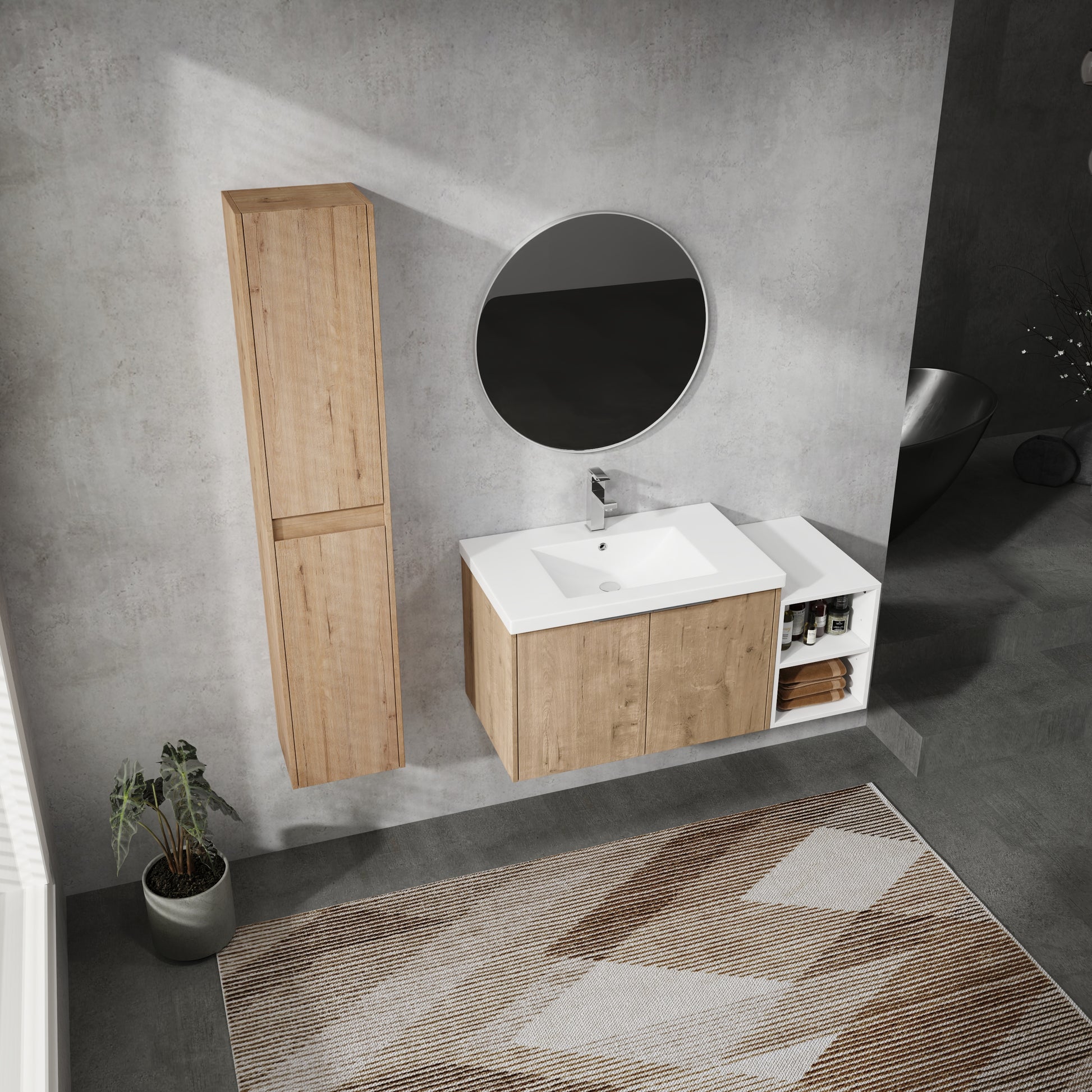42" Wall Mounted Bathroom Vanity With Sink And Side Cabinet, Soft Close Doors,00112Imox2 0630Imo 0612Gwh Combination Cabinet Kd Packing Imitative Oak Bathroom Modern Plywood Plywood