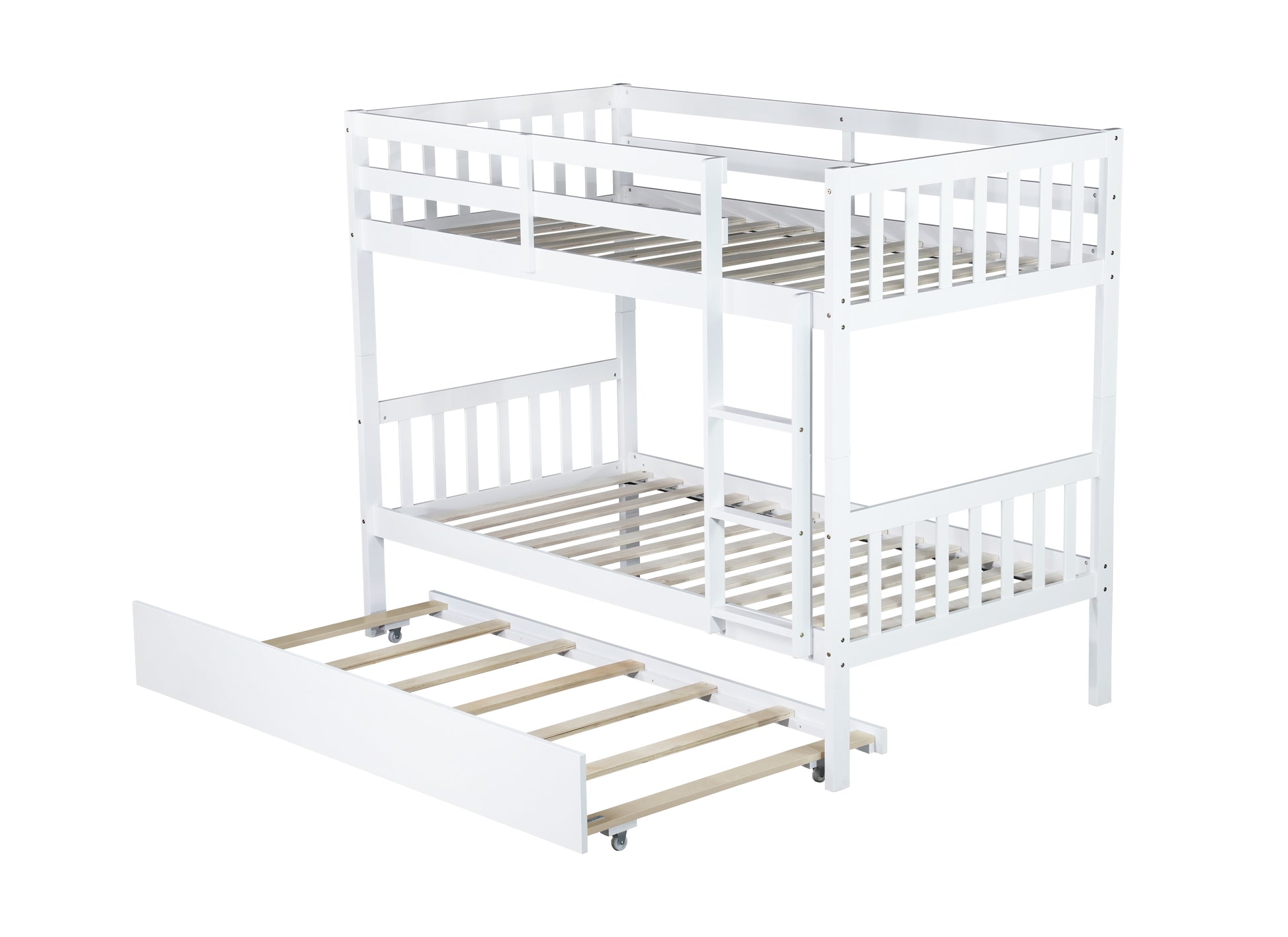 Twin Over Twin Rubber Wood Bunk Bed With Trundle, Convertible Into 2 Twin Size Beds, Twin Size Bunk Bed With Ladder And Safety Guardrails, White Twin White Rubber Wood