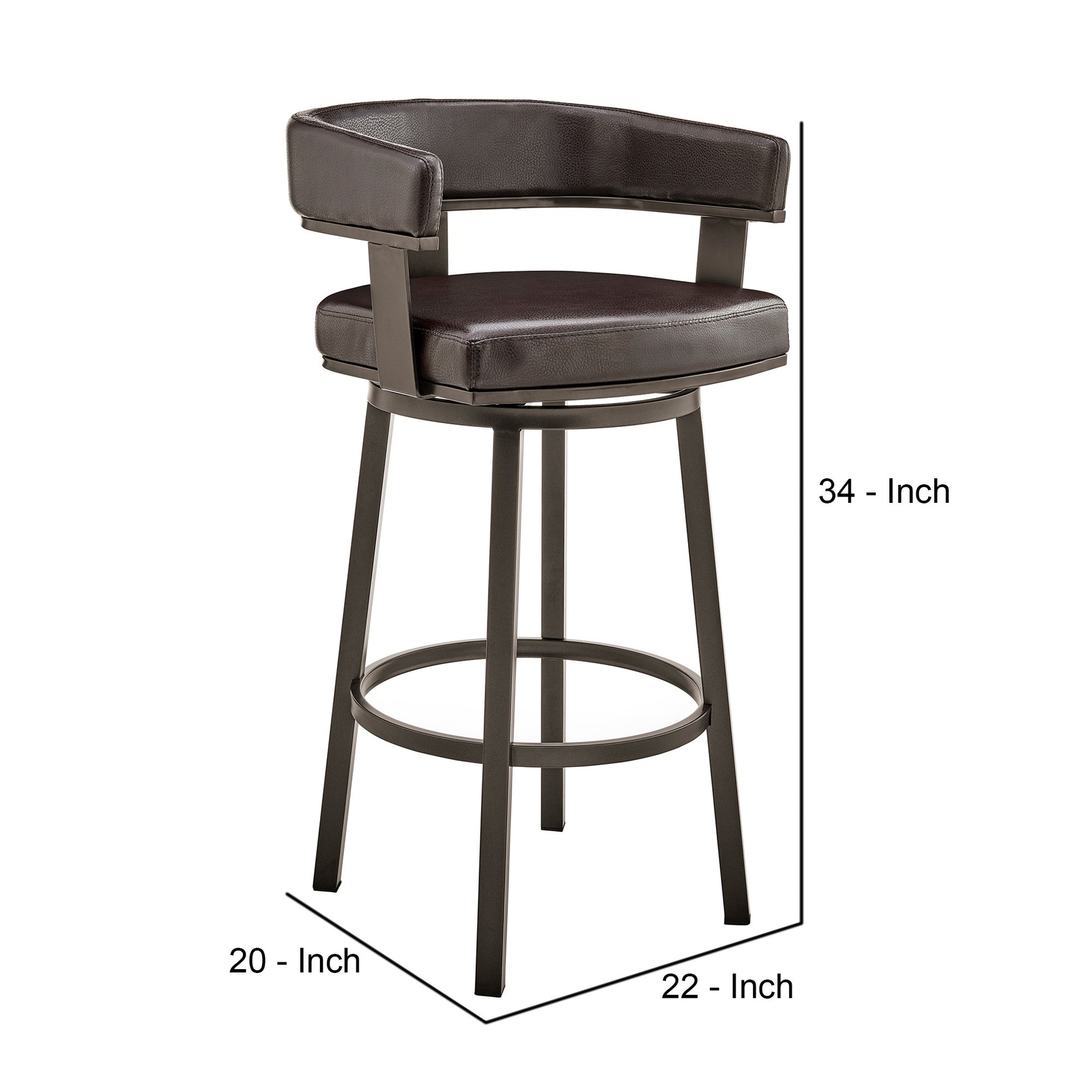 Jack 26 Inch Counter Height Bar Stool, Swivel Chair, Faux Leather, Brown Black Metal