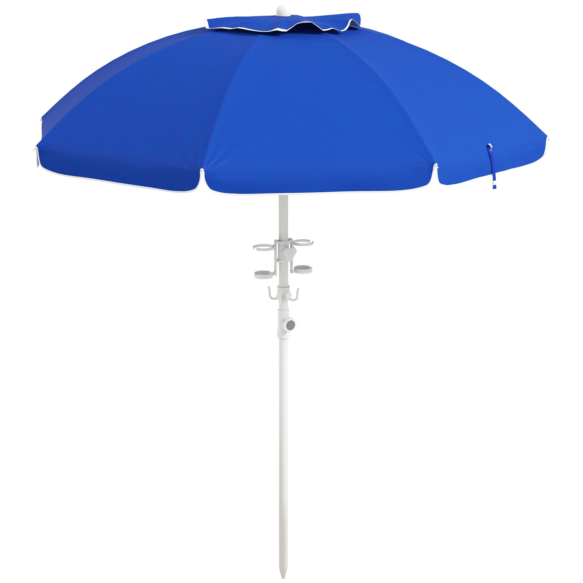 Outsunny 5.7' Portable Beach Umbrella With Tilt, Adjustable Height, 2 Cup Holders & Hooks, Uv 40 Ruffled Outdoor Umbrella With Vented Canopy, Blue Blue Polyester