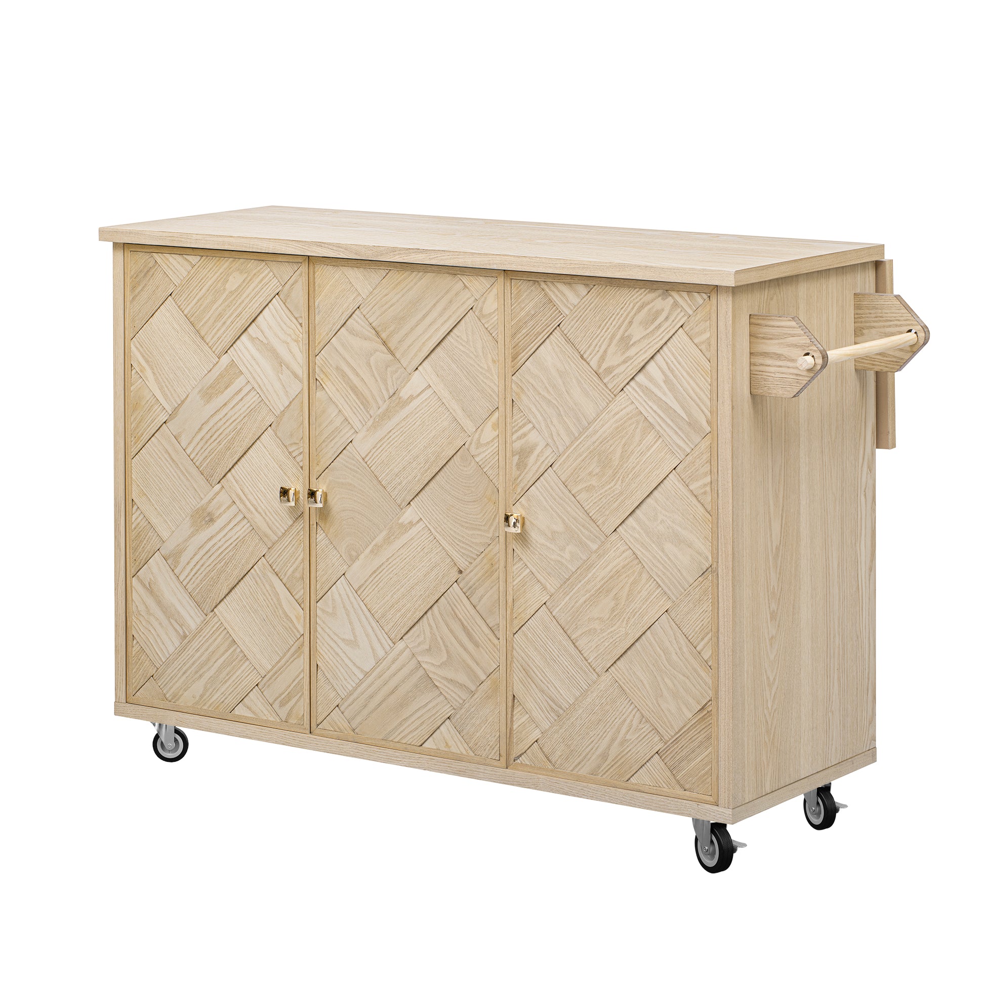 K&K 51.2"W Ash Veneer Not Cheap Paper Solid Wood Handwoven Kitchen Island With Drop Leaf, Coastal Kitchen Island On Wheels With Internal Storage Rack, Rolling Kitchen Cart, Nature Wood Natural Wood