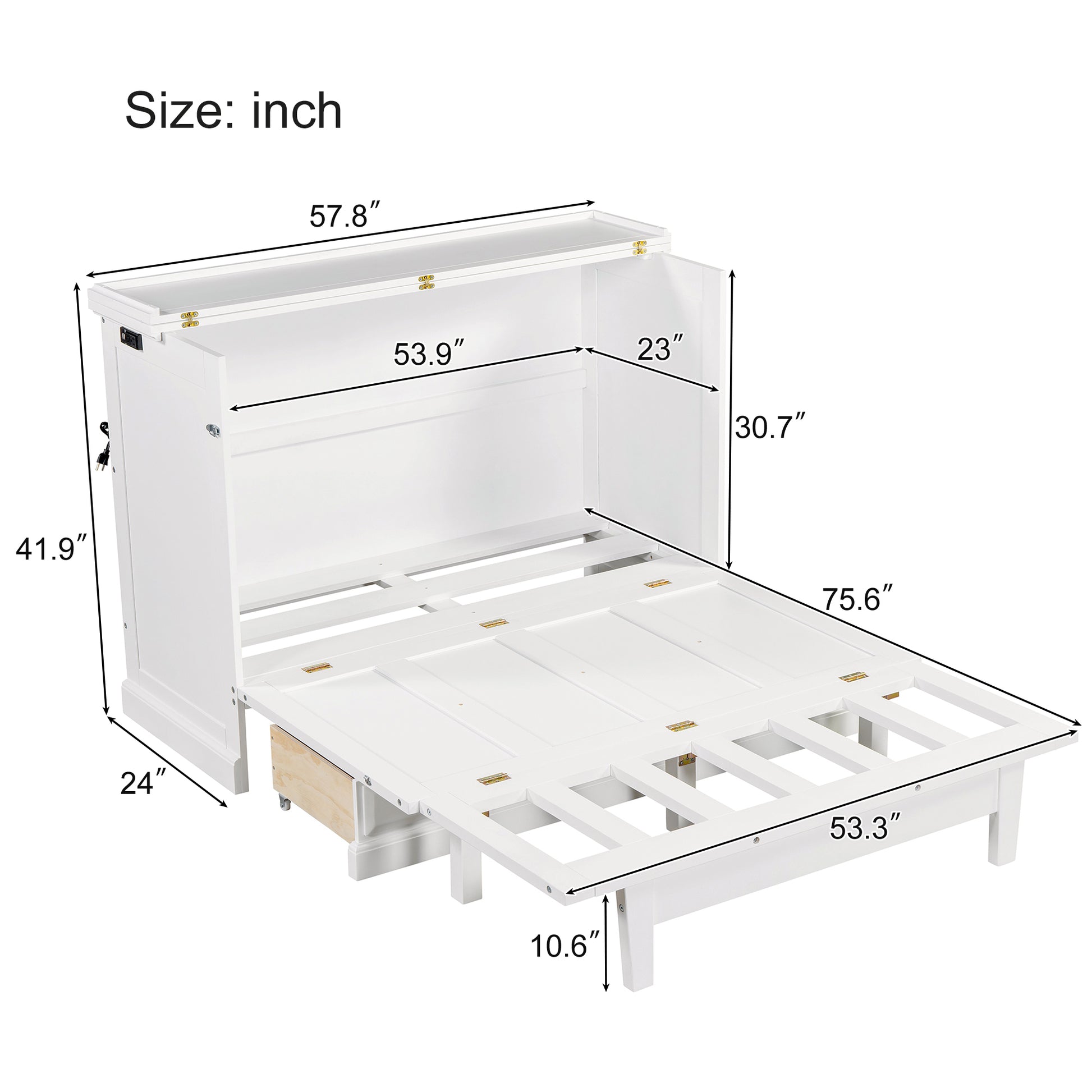Solid Pine Murphy Bed Chest Cube Cabinet Bed With Charging Station And Large Storage Drawer For Home Office Or Small Room,Full,White Box Spring Not Required Full White Wood White Pine Murphy Solid Wood Mdf