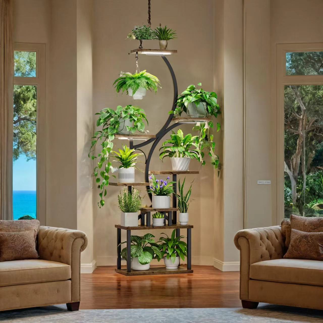 Plant Stand Indoor With Grow Lights, 8 Tiered Indoor Plant Shelf, 61" Tall Plant Stand For Indoor Plants Multiple, Metal Plant Flower Holder Stand, S Shaped Plant Rack For Home, Patio Black Black