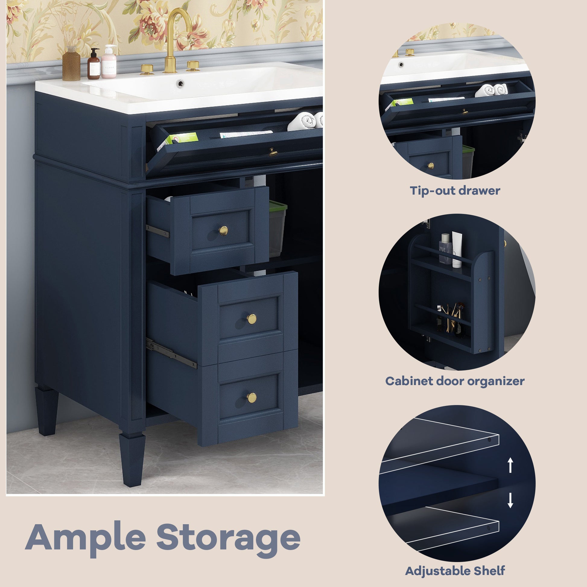 30'' Bathroom Vanity With Top Sink, Modern Bathroom Storage Cabinet With 2 Drawers And A Tip Out Drawer, Single Sink Bathroom Vanity 3 Blue 1 Soft Close Doors Bathroom Freestanding Mdf Painted