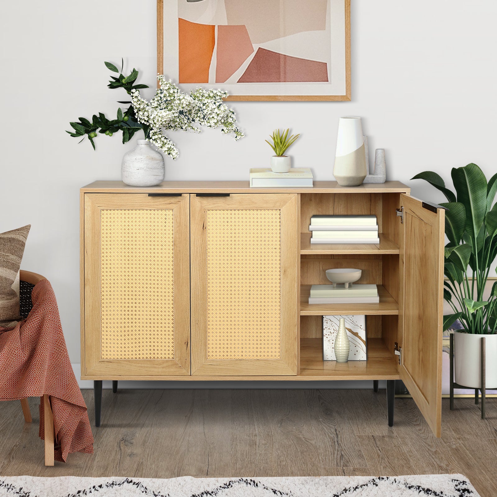 47.24 '' Wide Elegant Kitchen Buffet Storage Cabinet With 3 Rattan Doors For Bedroom Living Room Kitchen Cupboard Wooden Furniture With 3 Tier Shelving ,Natural Color Natural Particle Board