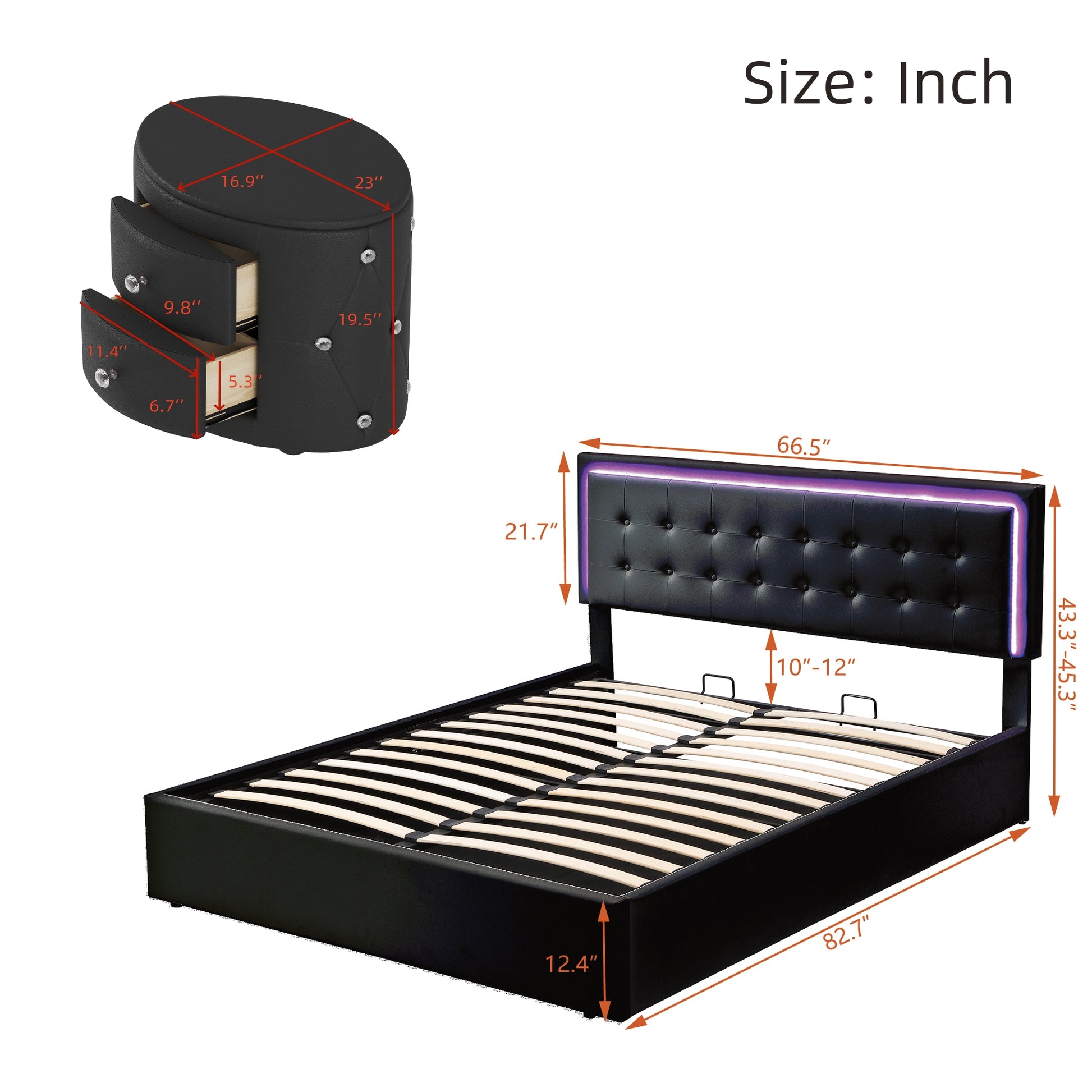 3 Pieces Bedroom Sets,Queen Size Upholstered Bed With Led Lights,Hydraulic Storage System, Two Nightstands With Crystal Decoration,Black Queen Black 3 Piece Set Wood