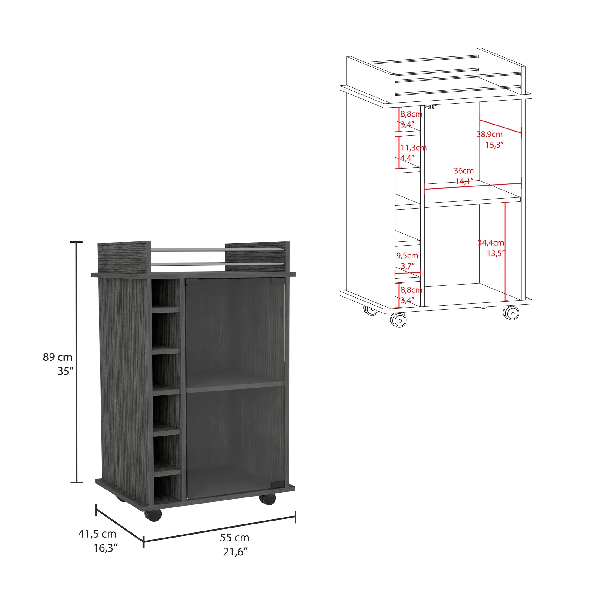 Bar Cart Baltimore, Six Wine Cubbies, Smokey Oak Finish Gray Particle Board