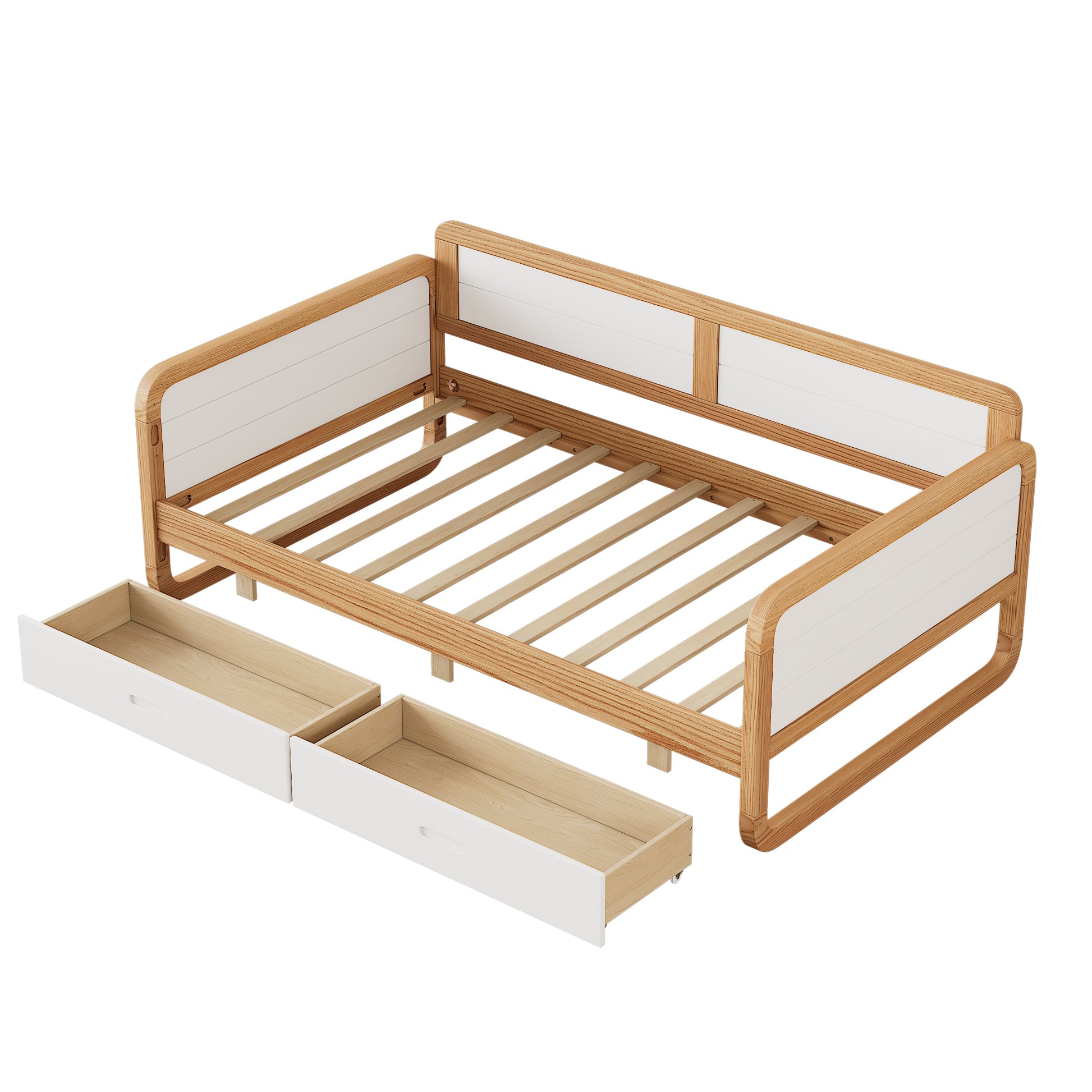 Twin Size Solid Wood Daybed With 2 Storage Drawers For Limited Space Kids, Teens, Adults, No Need Box Spring, Walnut And White Box Spring Not Required Twin White Walnut Wood Bedroom Modern Pine Daybeds Wood