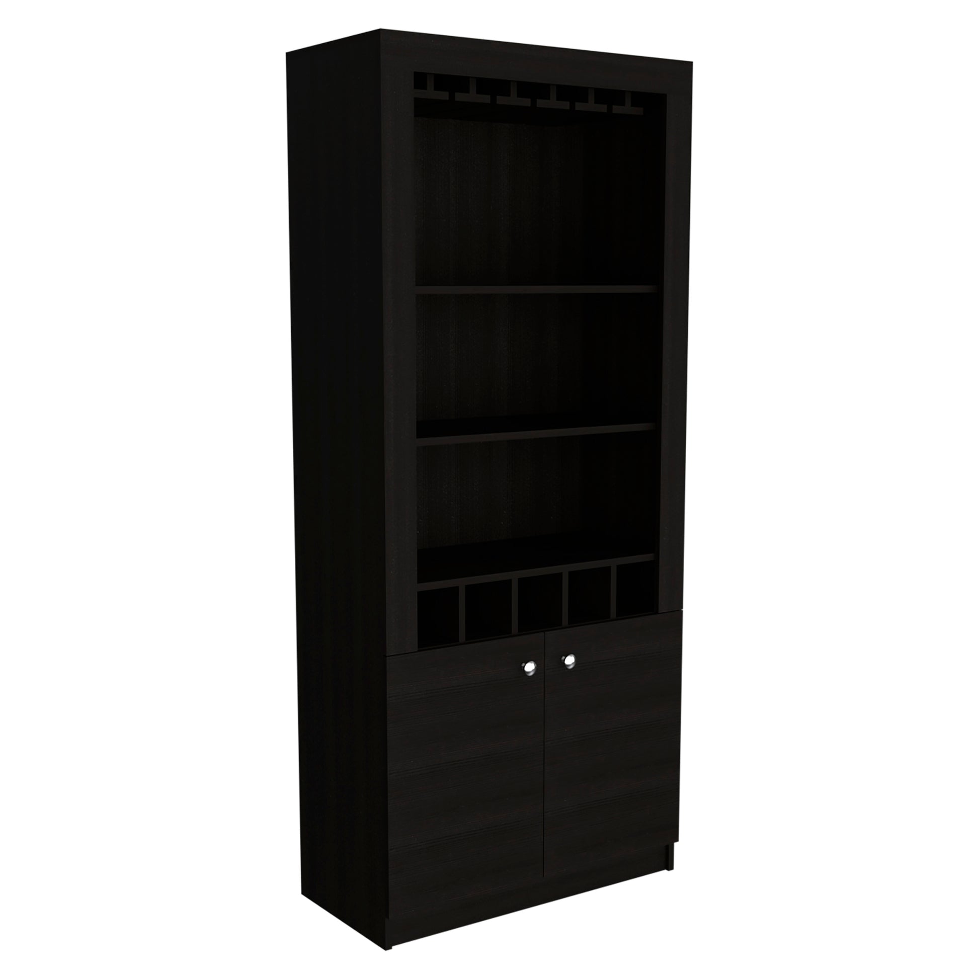 Montenegro Bar Cabinet, Double Door Cabinet, Five Built In Wine Rack, Three Shelves Black Black Primary Living Space Modern Particle Board Particle Board