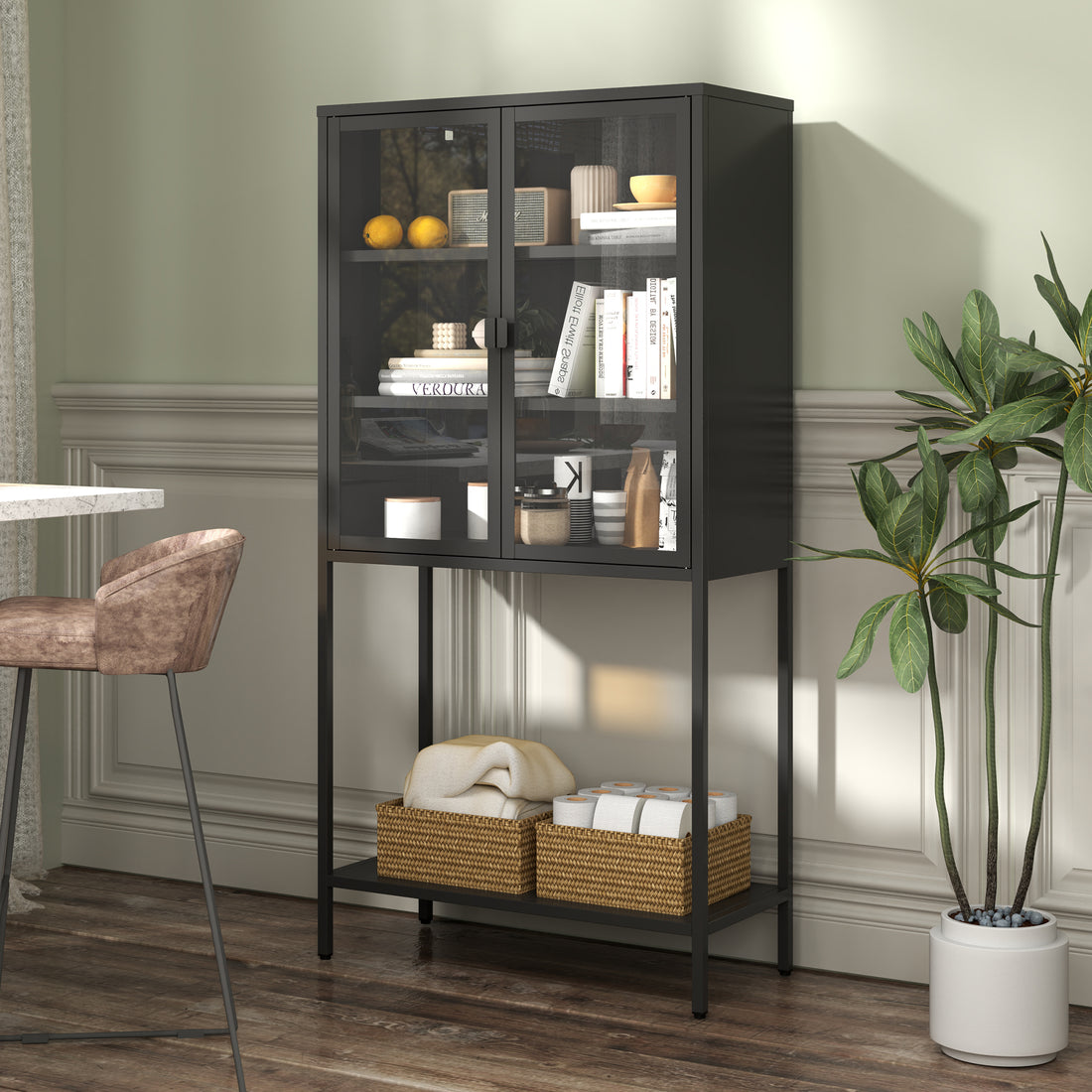 59"H Heavy Duty Metal Storage Cabinet,Sideboards & Buffet,Display Storage Cabinet With Glass Doors And 2 Adjustable Shelves, Tall Bookcase Modern Bookshelf Cabinet For Home Office, Living Room Black Primary Living Space Modern Metal Metal