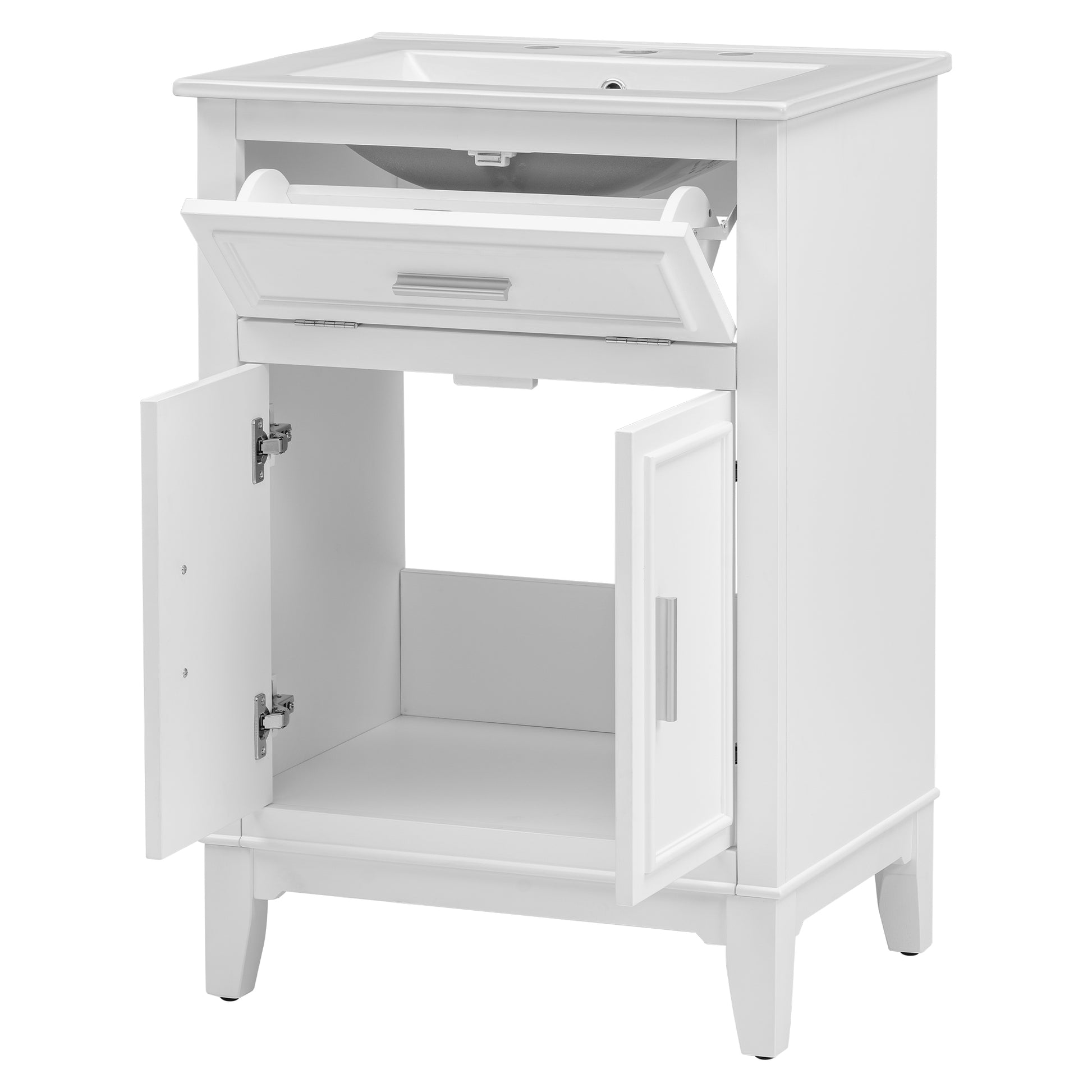 24" Bathroom Vanity With Sink, Bathroom Vanity Cabinet With One Flip Drawer And Doors, Solid Wood And Mdf, White White Solid Wood Mdf