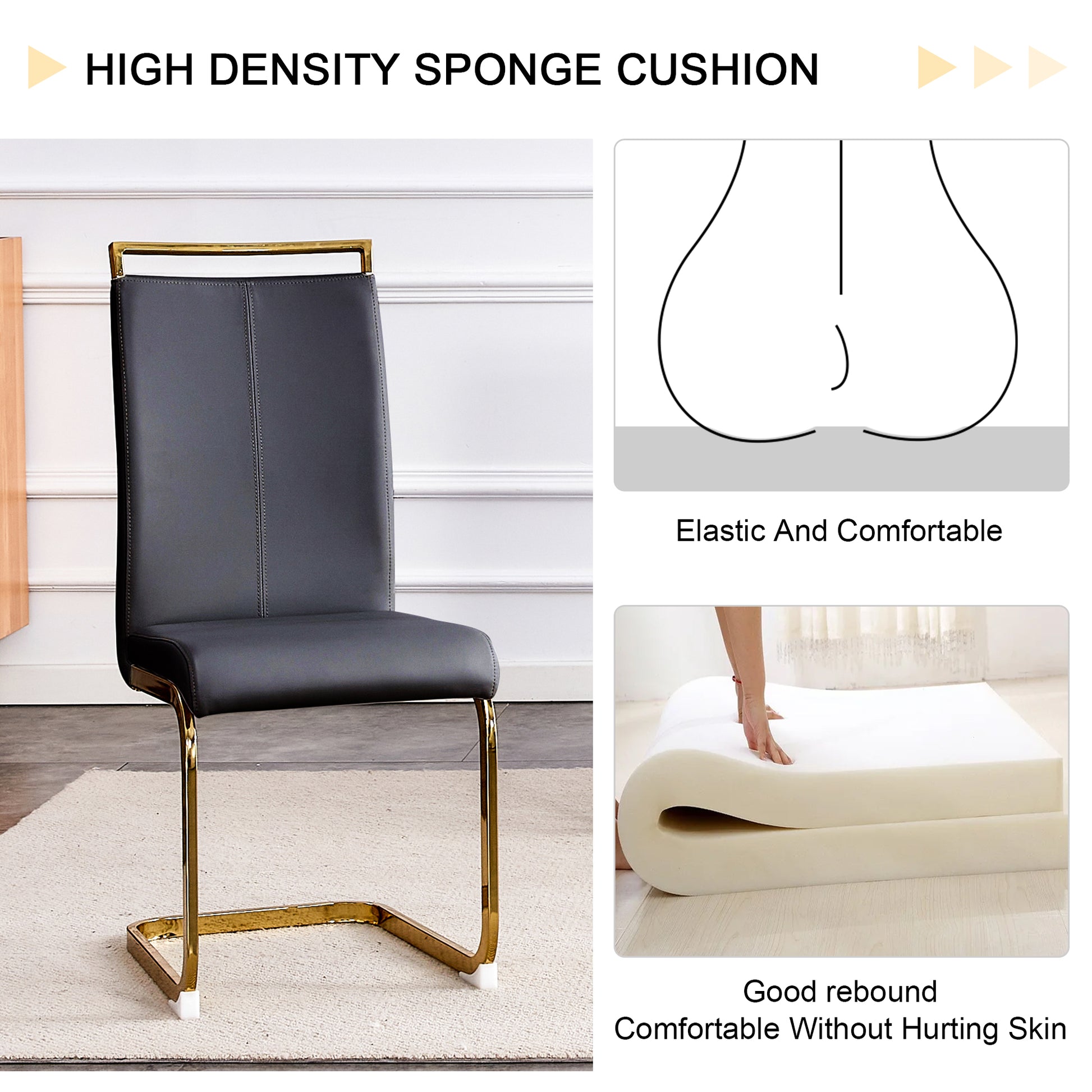 Table And Chair Set.Large Modern Rectangular Table With 0.4 Inch Patterned Glass Tabletop And Large Mdf Table Legs.Comes With 6 Chairs With Faux Leather Cushioned Seats And Golden Metal Legs. Gold White Seats 6 Mdf Glass