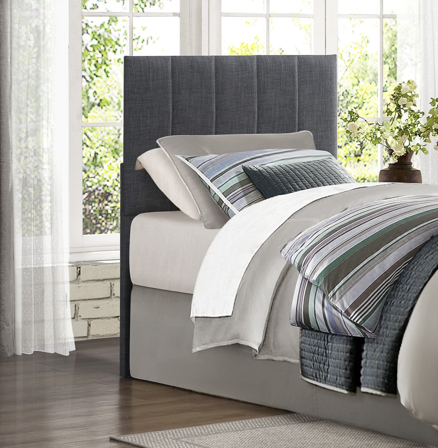 1Pc Twin Headboard Gray Fabric Upholstery Padded Vertical Channel Tufted Twin Gray Bedroom Polyester Engineered Wood