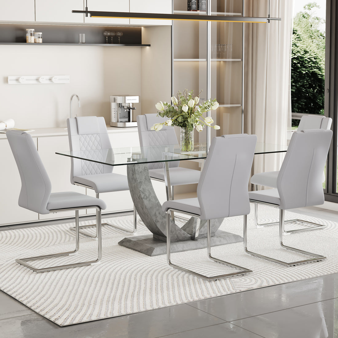 1 Table And 6 Chairs Set.Large Rectangular Table, Equipped With 0.39 Inch Tempered Glass Table Top And Mdf Table Legs.Paired With 6 Chairs With Faux Leather Padded Seats And Metal Legs.F 907,C 001 Transparent Mdf Glass