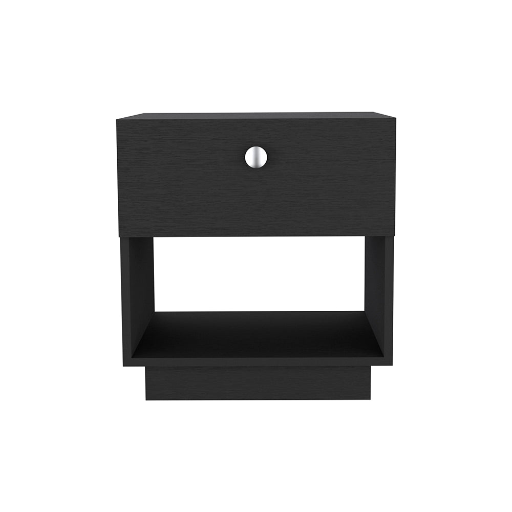 Paris 1 Drawer Nightstand, Open Lower Shelf Black Bedroom Rectangle Modern Shelving Particle Board Engineered Wood