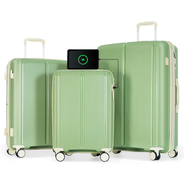 Luggage Sets 3 Piece Suitcase Set 20 24 28 With Usb Port,Carry On Luggage Airline Approved,Pp Lightweight Suitcase With Spinner Wheels,Green And Ivory Green Ivory Polypropylene