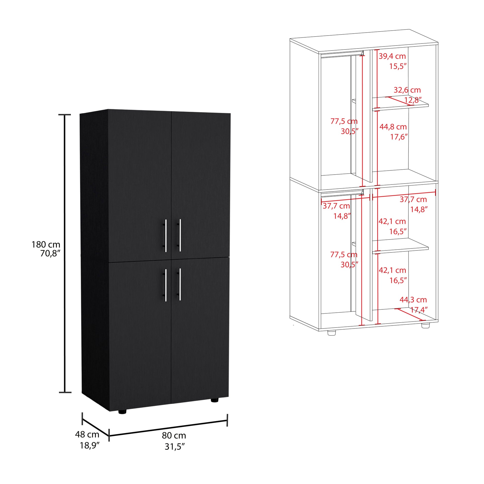 Hazel 70" High Four Door Armoire Wardrove Closet Cabinet, Six Shelves And Two Hanging Rods, Bedroom Clothes Storage Cabinet Organizer Black Bedroom Modern Particle Board