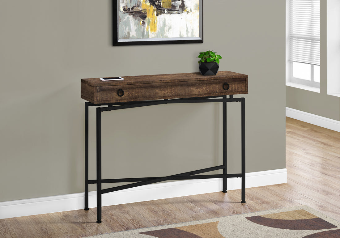 Accent Table, Console, Entryway, Narrow, Sofa, Storage Drawer, Living Room, Bedroom, Brown Laminate, Black Metal, Contemporary, Modern Brown Particle Board