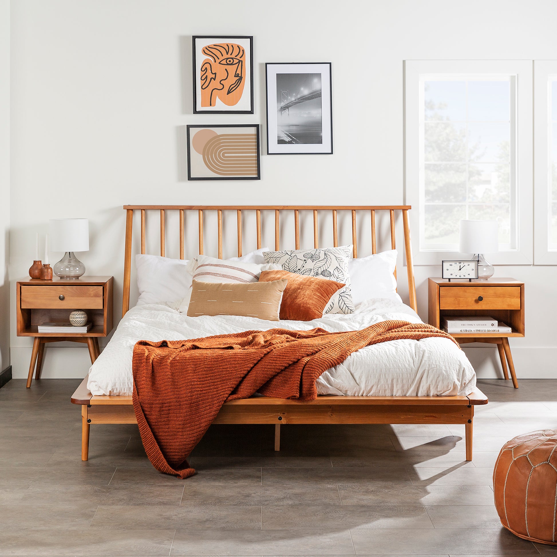 Mid Century Modern Solid Wood Queen Platform Bed Frame With Spindle Headboard Caramel Queen Caramel Pine