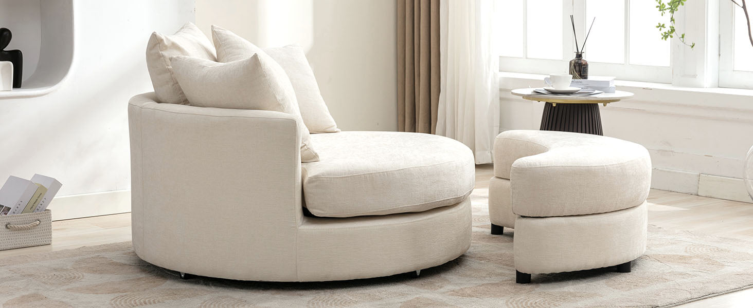 Orisfur. 360 Swivel Accent Barrel Chair With Storage Ottoman & 4 Pillows, Modern Chenille Leisure Chair Round Accent For Living Room, Cream Cream Foam Chenille
