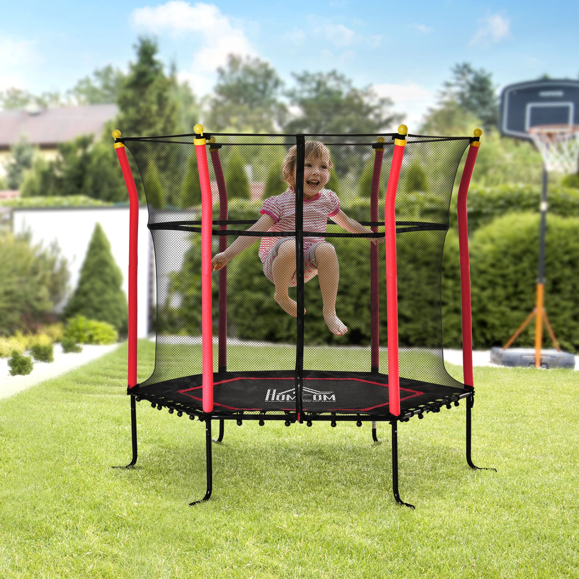 Soozier Trampoline For Kids With Net, Indoor Outdoor Toddler Trampoline With Safety Enclosure, Birthday Gift For Boys And Girls 3 10 Years, Red Red Steel