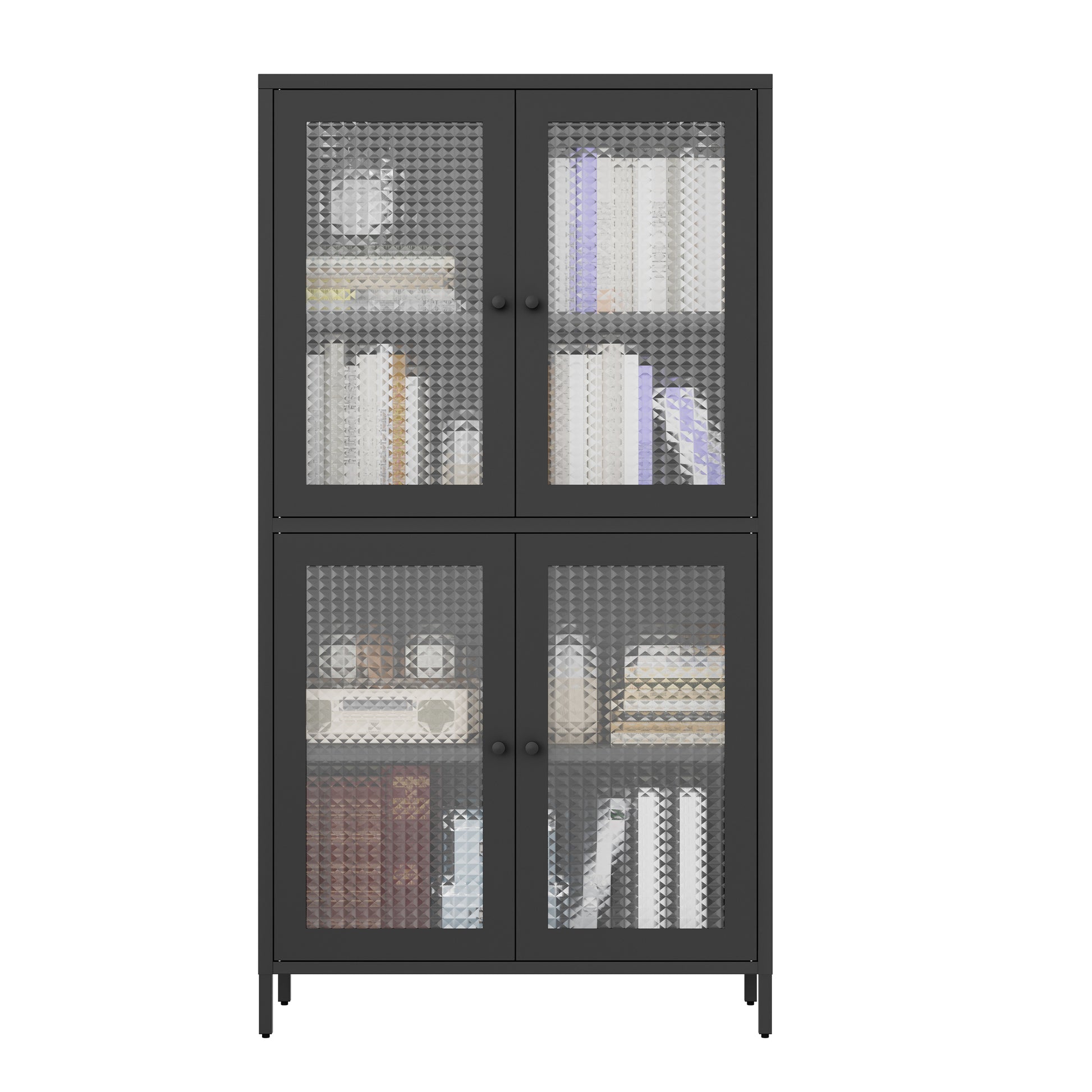 Classic Metal Storage Cabinet Display Cabinet With 4 Glass Doors 4 Shelves Cabinet Bookcase Side Cabinet For Home Office Living Room Kitchen Hallway Black, Waffle Grids Tempered Glass Freestanding 3 4 Shelves Black Office Glass Doors Classic Steel