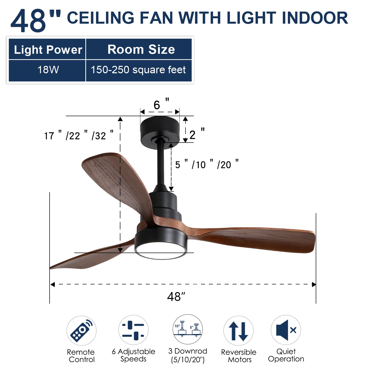 48 Inch Low Profile Ceiling Fan Dc 3 Solid Wood Fan Blade Noiseless Reversible Motor Remote Control With Light Black Metal & Wood