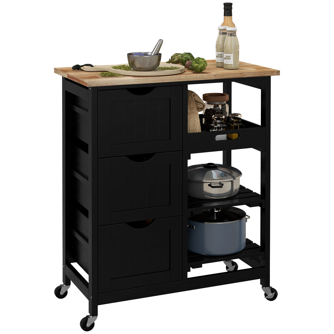 Homcom Rolling Kitchen Island Cart, Bar Serving Cart, Compact Trolley On Wheels With Wood Top, Shelves & Drawers For Home Dining Area, Black Black Mdf