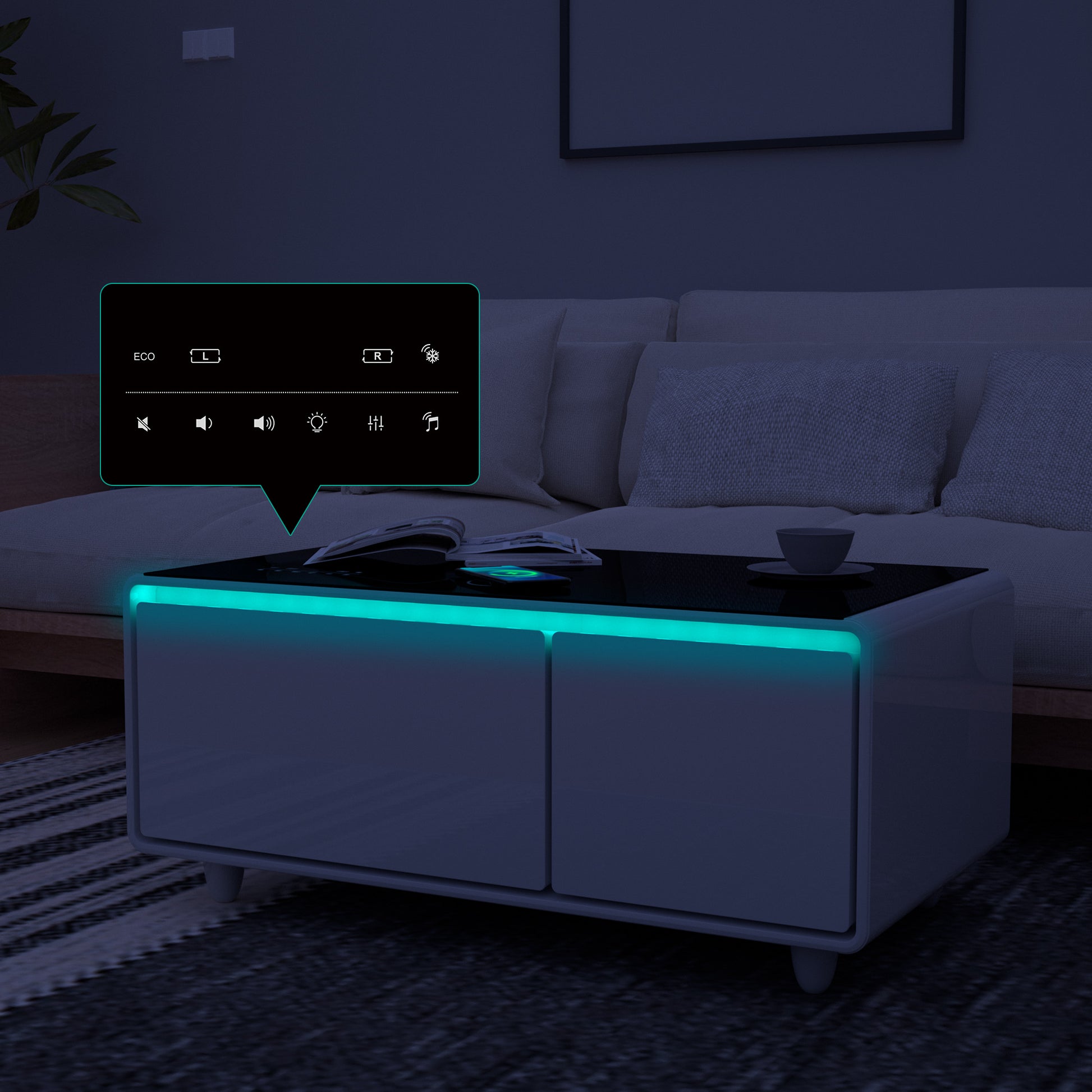 Modern Smart Coffee Table With Built In Fridge, Bluetooth Speaker, Wireless Charging, Touch Control Panel, Usb Ports, Outlet Protection, Atmosphere Light, White White Built In Outlets Or Usb Primary Living Space Freestanding Rectangular Drawers Coffee &