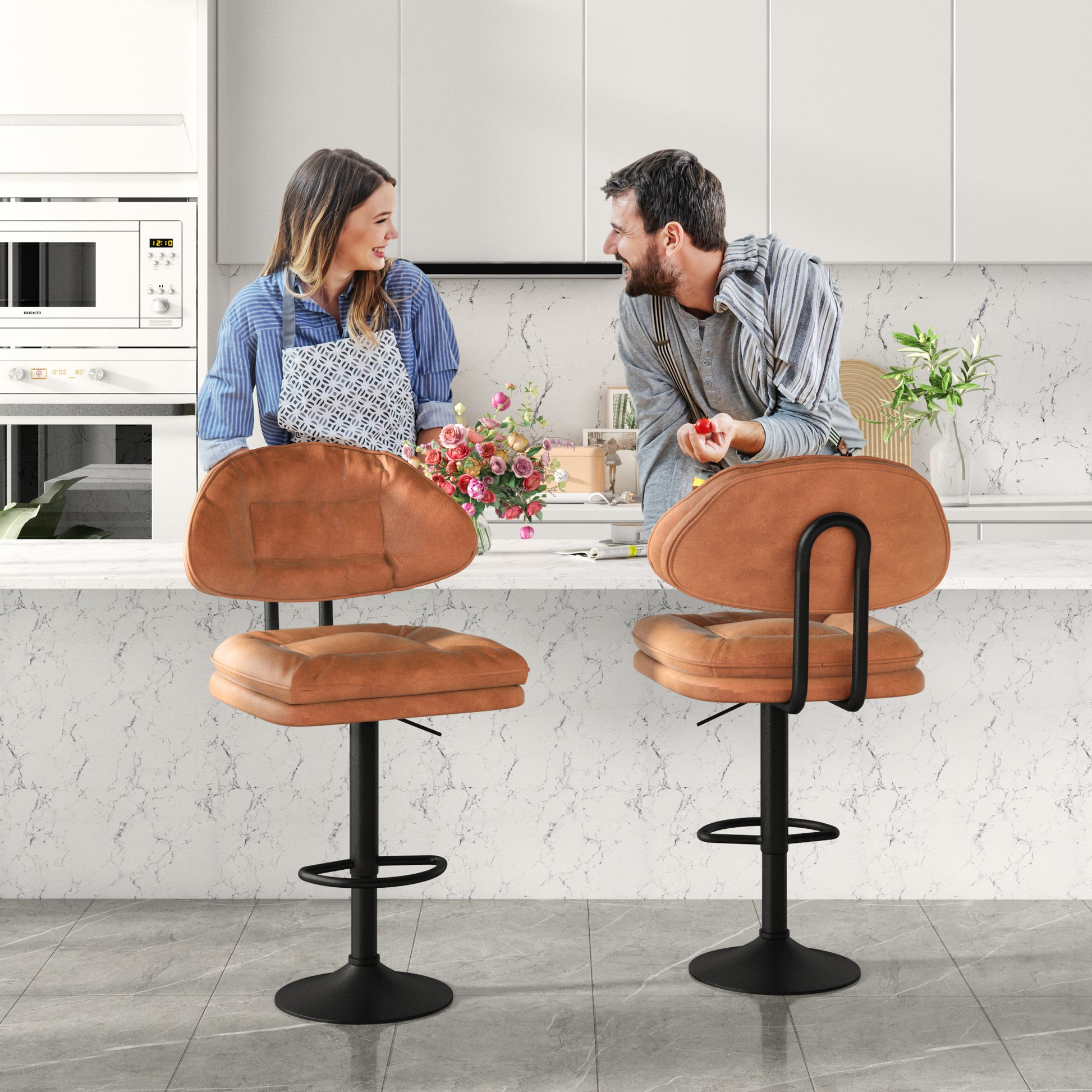 Modern Bar Stools Set Of 2, Ergonomic Upholstered Bar Stools With Back, Adjustable Double Layer Counter Stools, Swivel Barstools For Kitchen Island Orange Metal