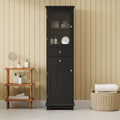 Tall Bathroom Storage Cabinet With Glass Doors, Free Standing, Two Drawers, And Adjustable Shelves, Mdf Board, Painted Black Perfect For Displaying Your Favorite Items 2 Black 2 4 Adjustable Shelves Bathroom Freestanding Partice Board Mdf Pine Wood