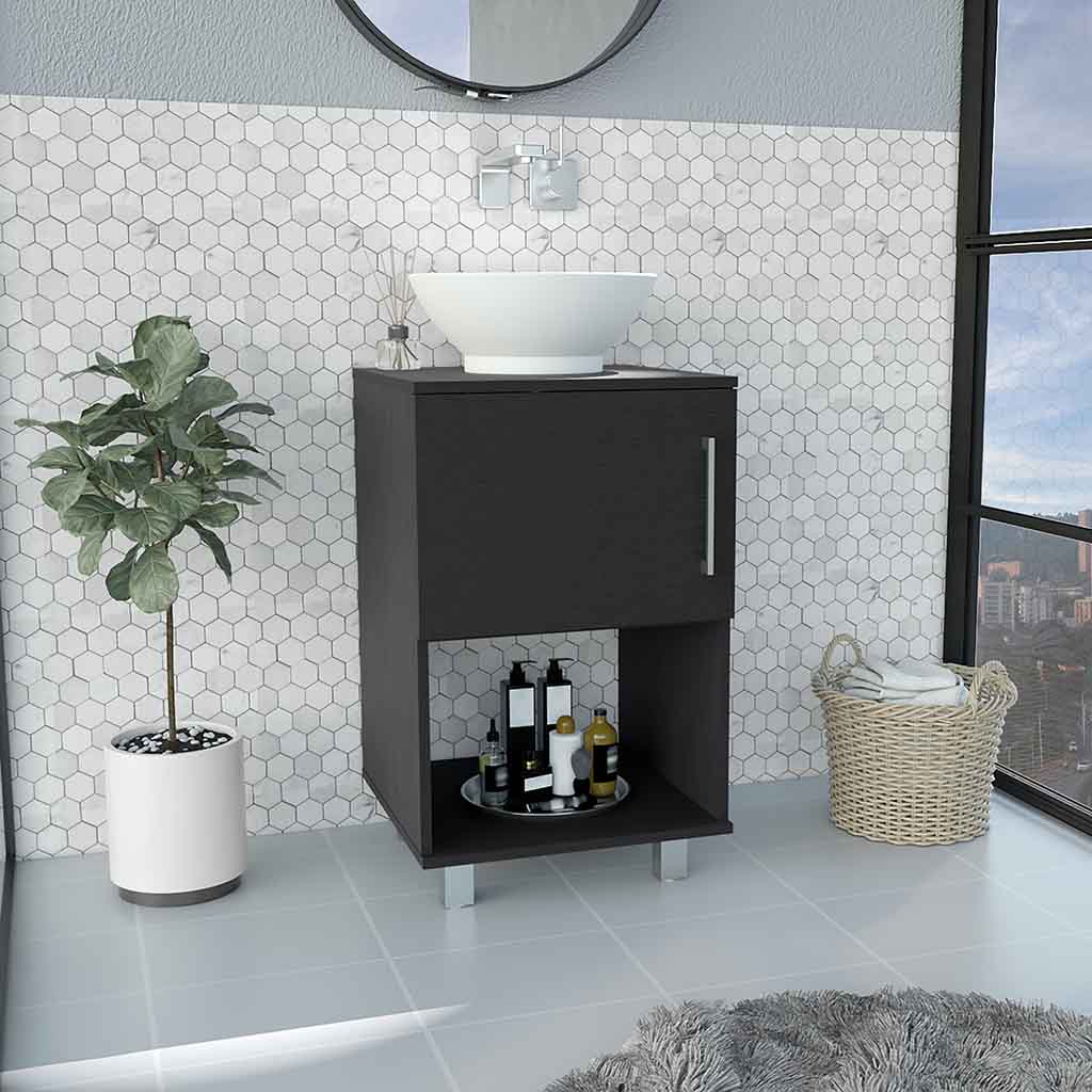 Single Bathroom Vanity, One Open Shelf, Single Door Cabinet, Black Black Solid Wood Mdf Engineered Wood