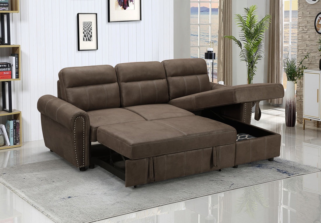 Ashton 96" Saddle Brown Microfiber Reversible Sleeper Sectional Sofa Chaise Brown Microfiber